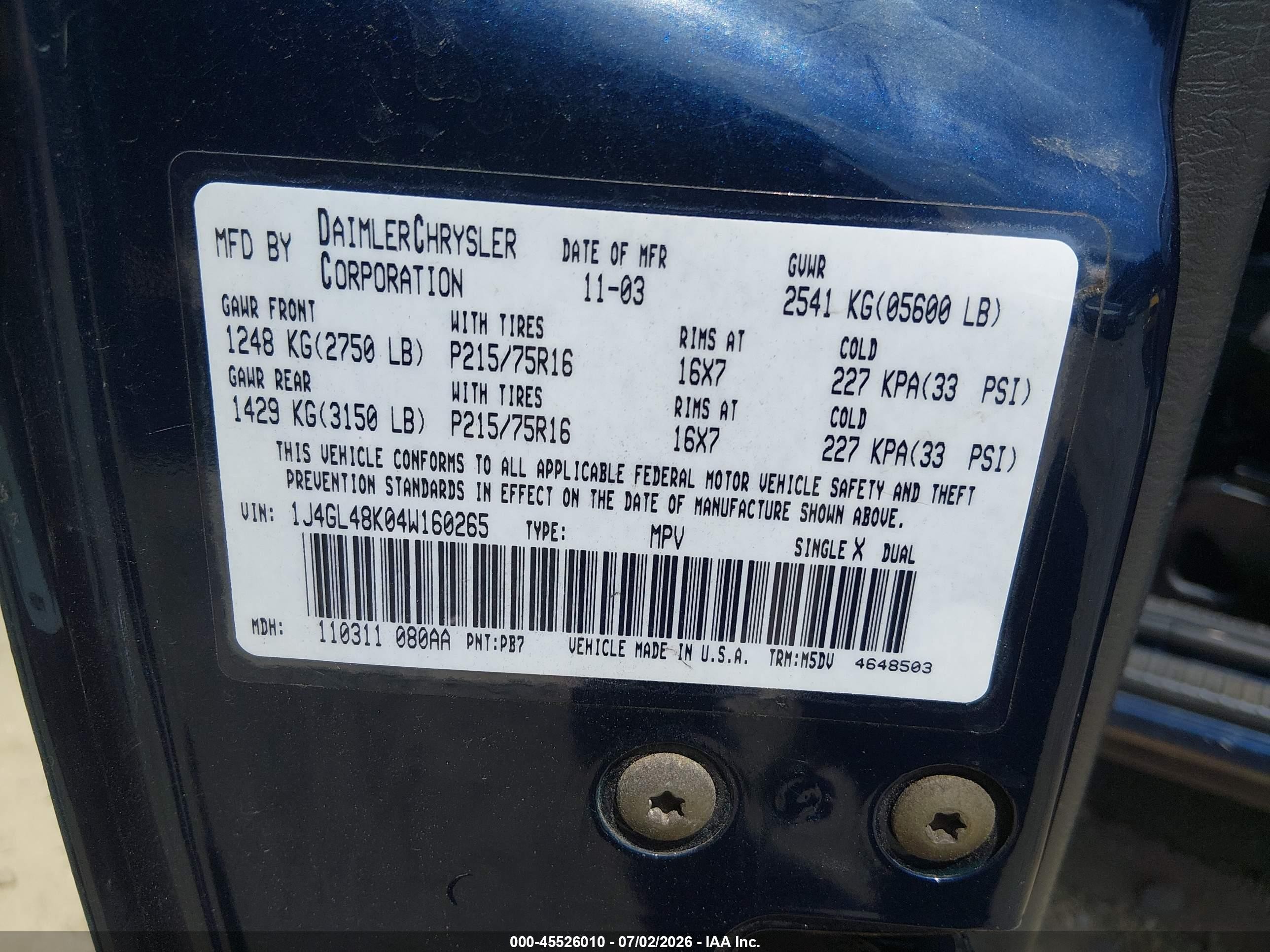 2004 Jeep Liberty Sport Blue vin: 1J4GL48K04W160265