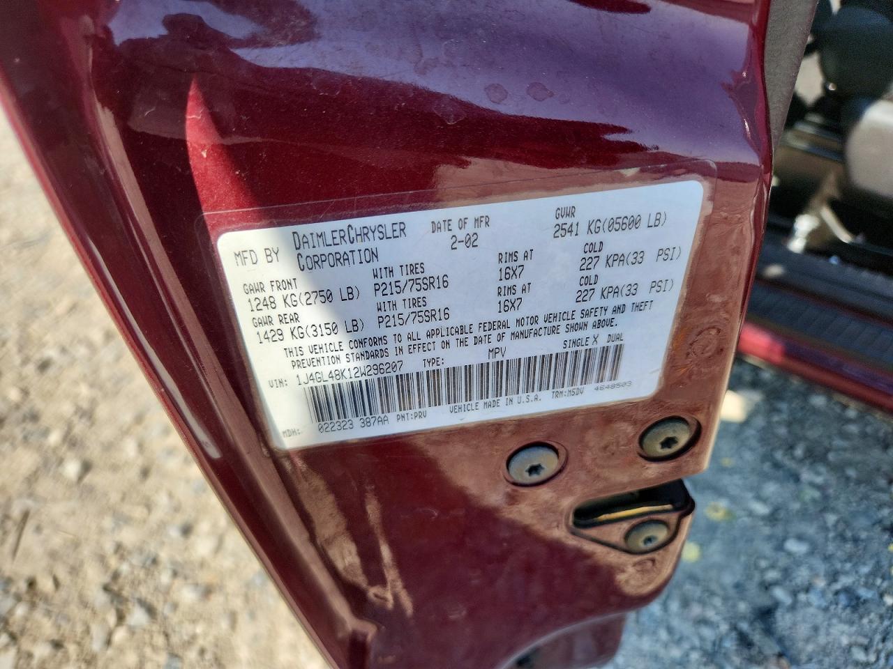 2002 Jeep Liberty Sport Burgundy vin: 1J4GL48K12W296207