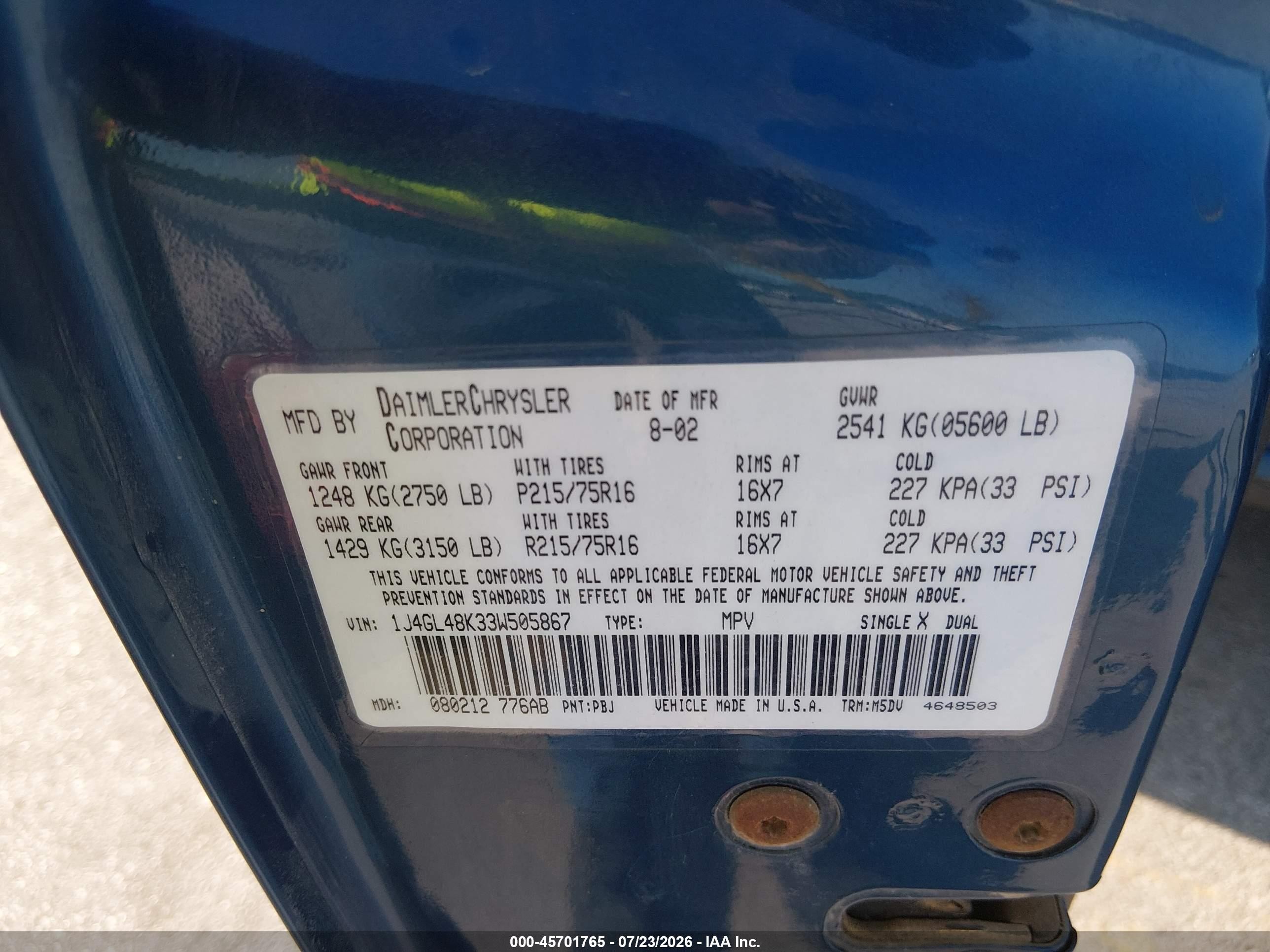 2003 Jeep Liberty Sport Blue vin: 1J4GL48K33W505867