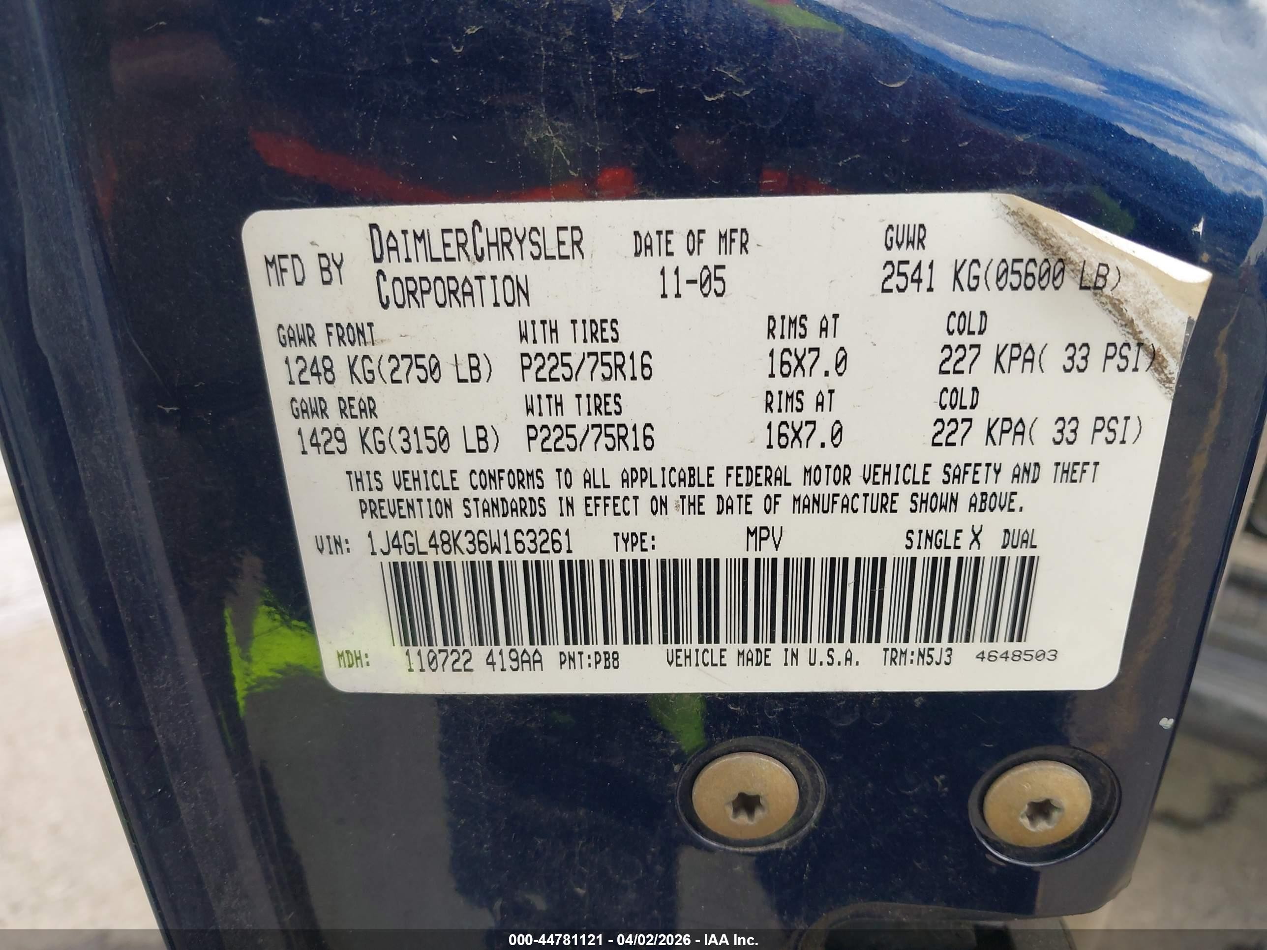 2006 Jeep Liberty Sport Blue vin: 1J4GL48K36W163261