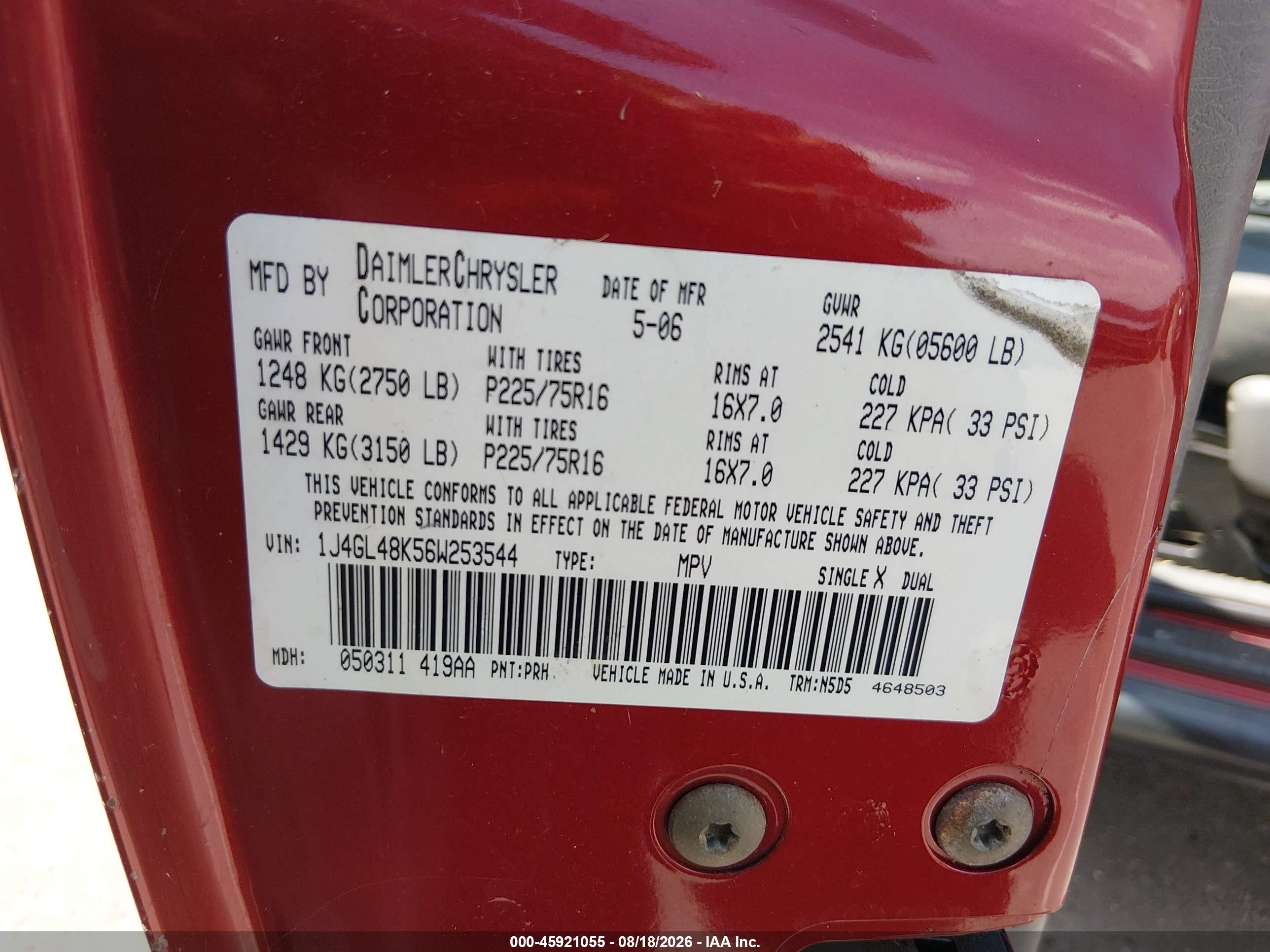 2006 Jeep Liberty Sport Red vin: 1J4GL48K56W253544
