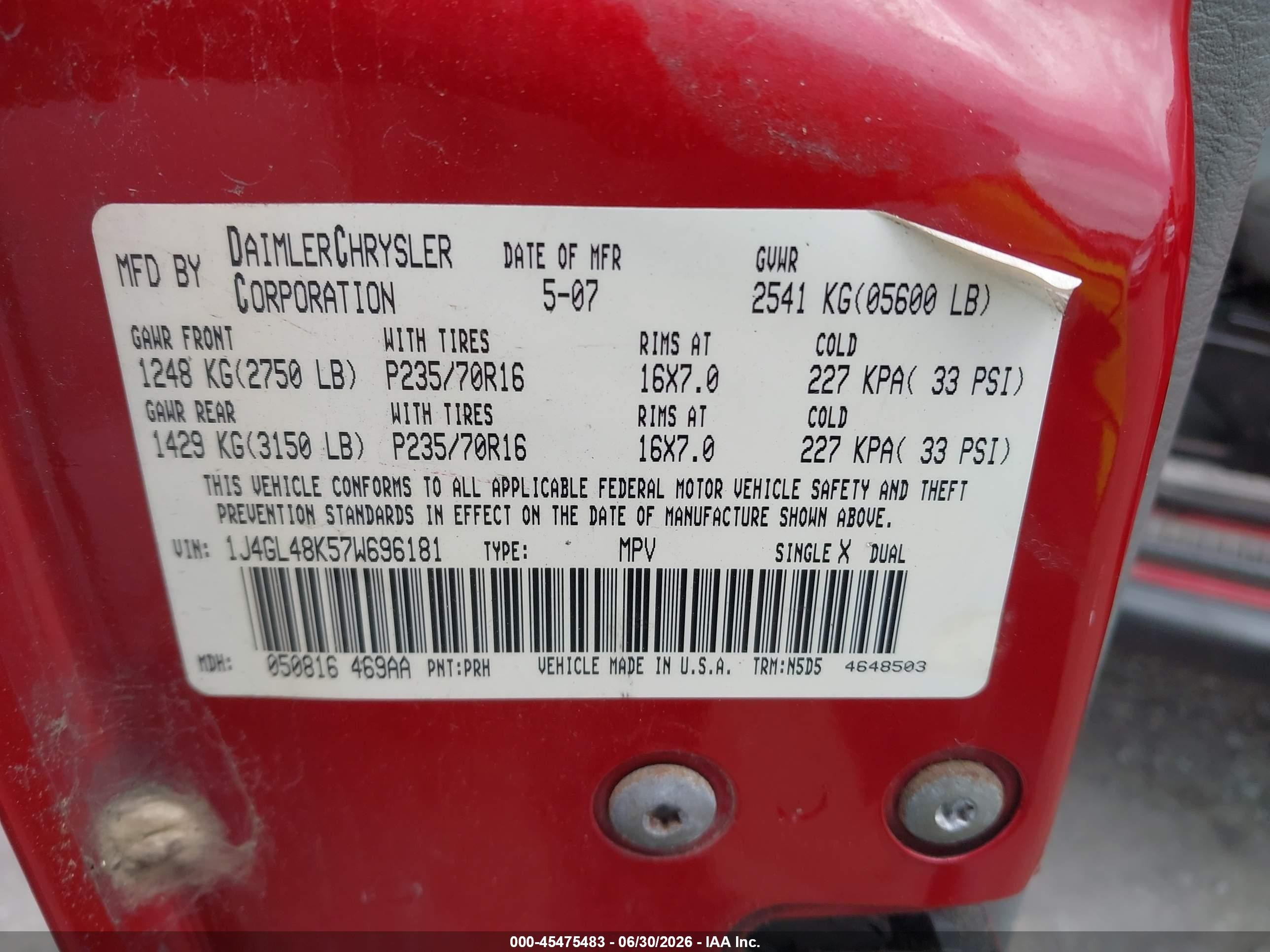 2007 Jeep Liberty Sport Red vin: 1J4GL48K57W696181