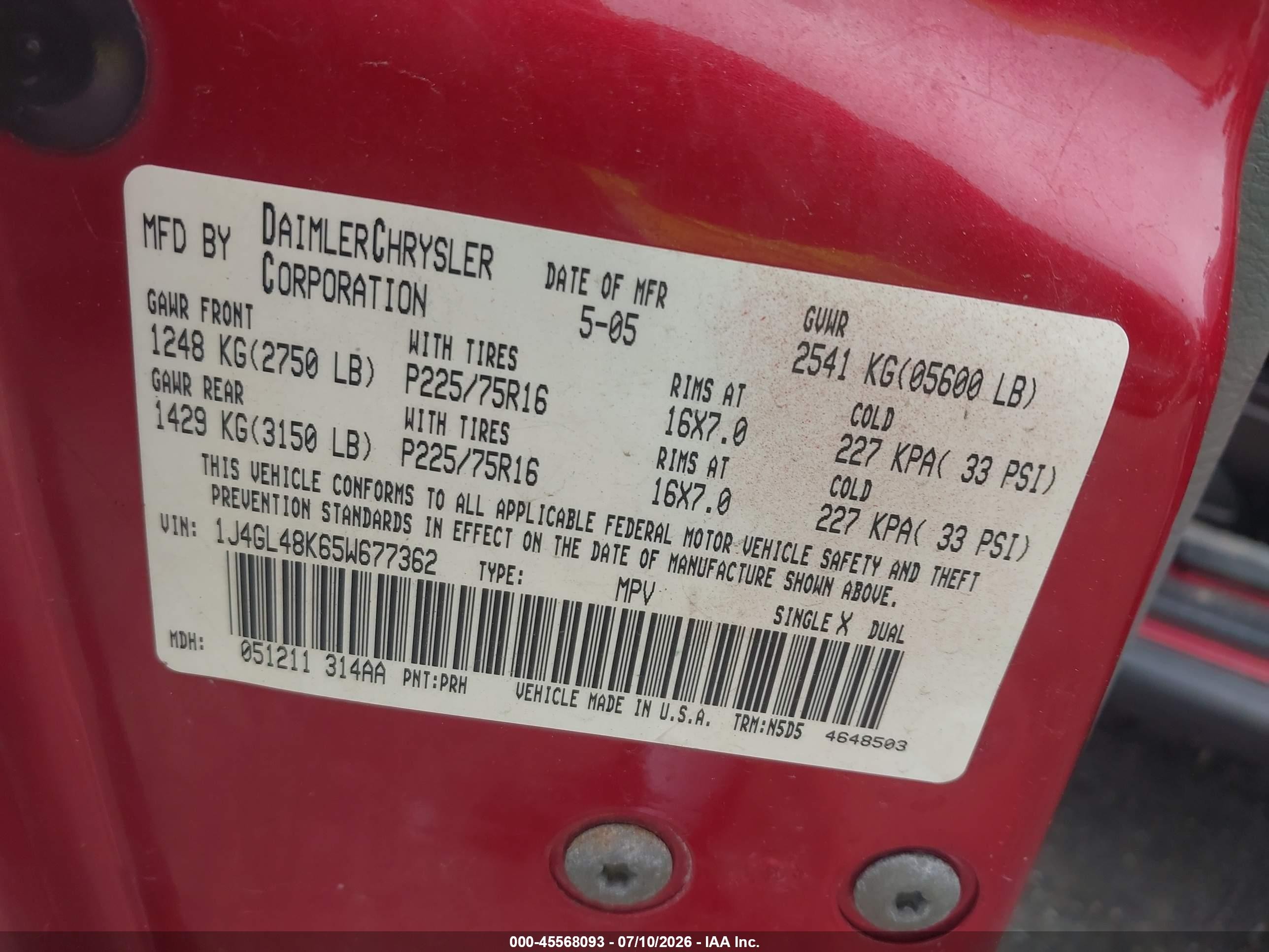 2005 Jeep Liberty Sport Red vin: 1J4GL48K65W677362