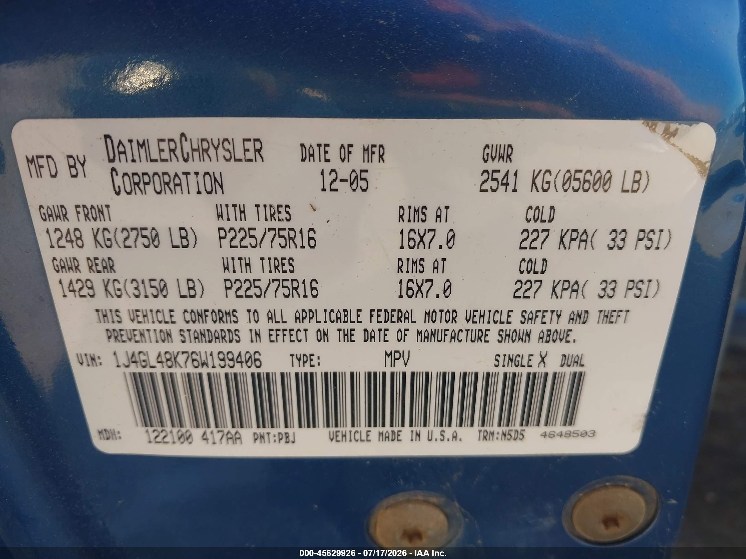 2006 Jeep Liberty Sport Blue vin: 1J4GL48K76W199406