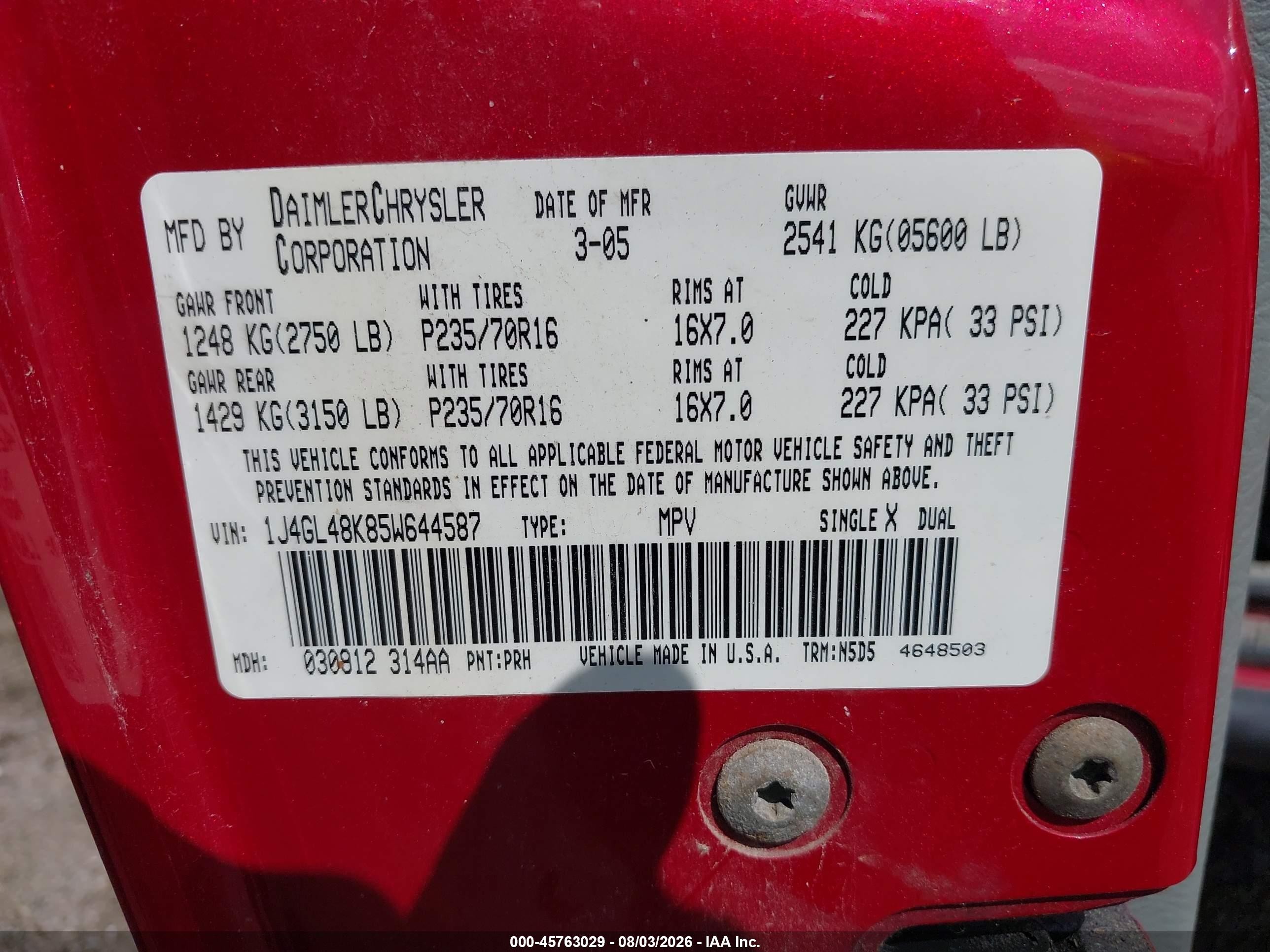 2005 Jeep Liberty Sport Red vin: 1J4GL48K85W644587
