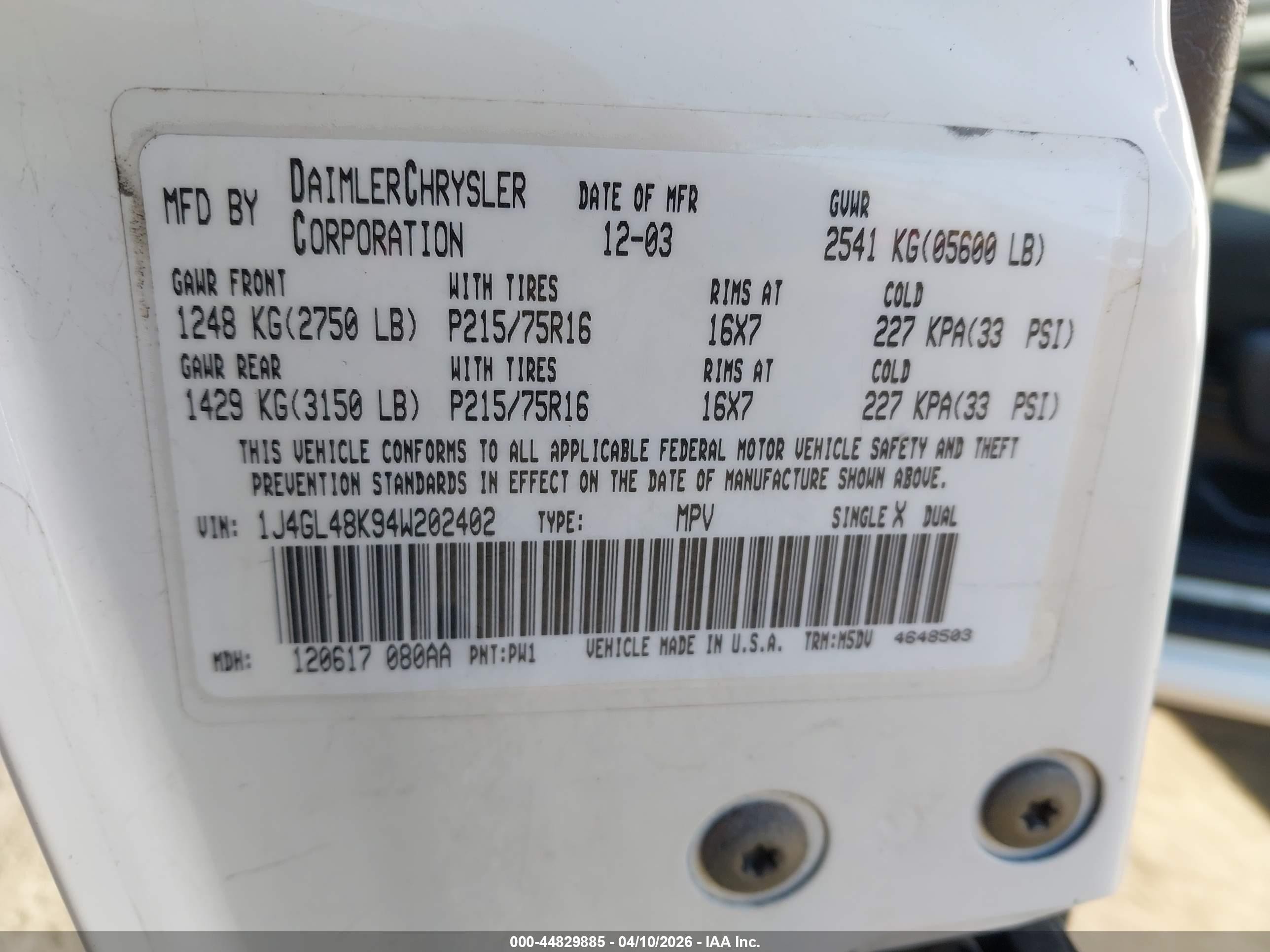 2004 Jeep Liberty Sport White vin: 1J4GL48K94W202402