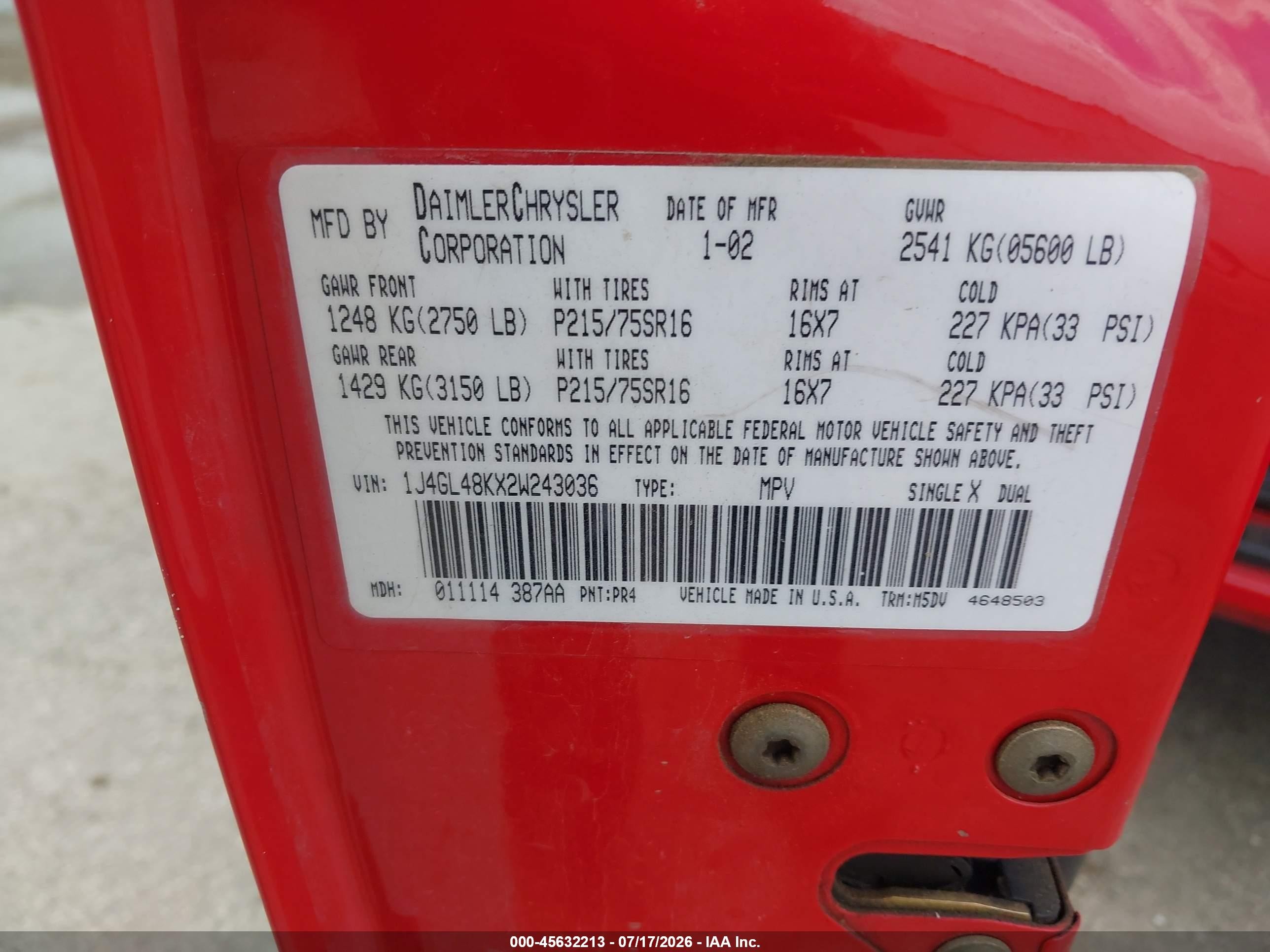 2002 Jeep Liberty Sport Red vin: 1J4GL48KX2W243036
