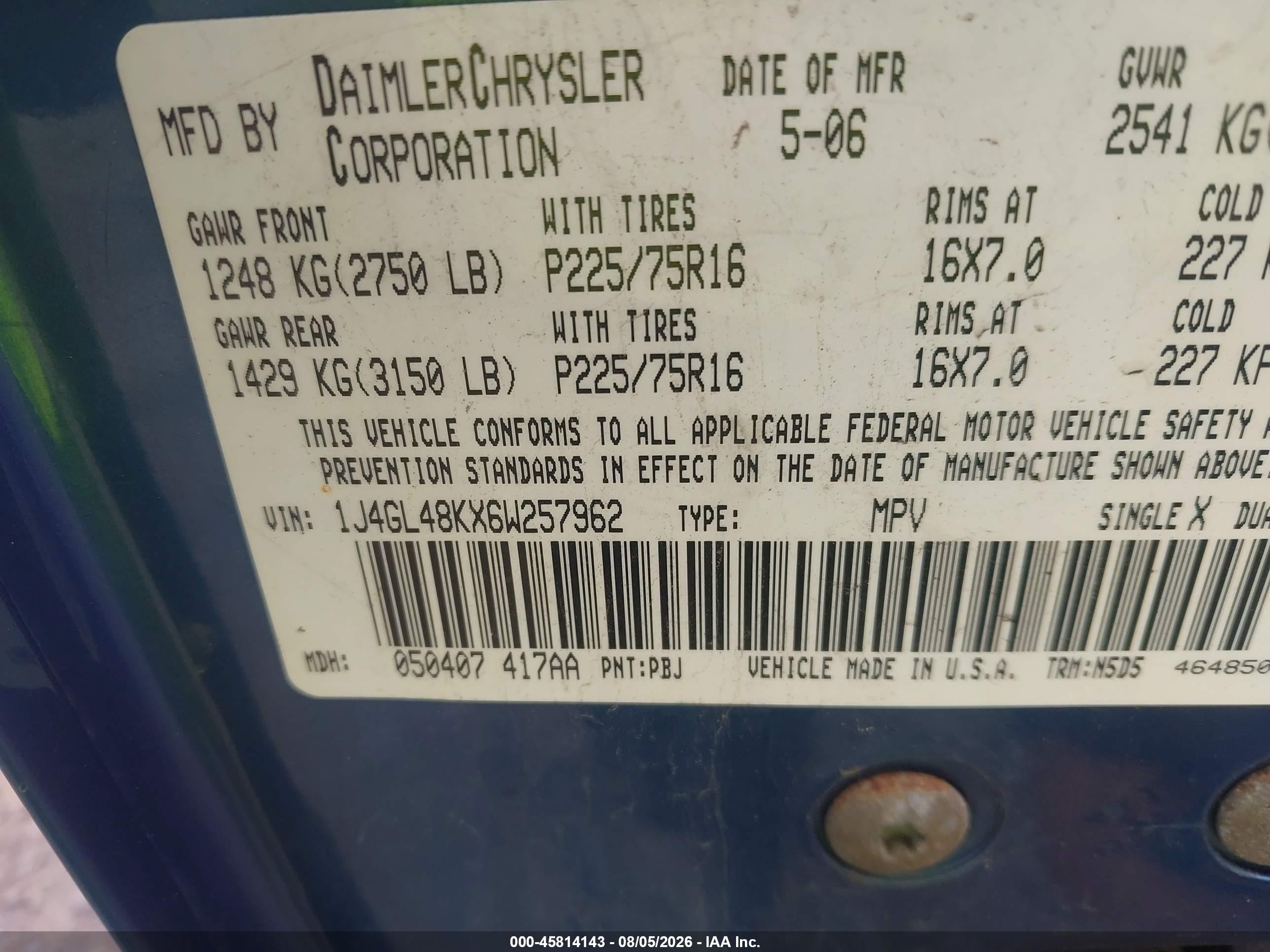 2006 Jeep Liberty Sport Blue vin: 1J4GL48KX6W257962