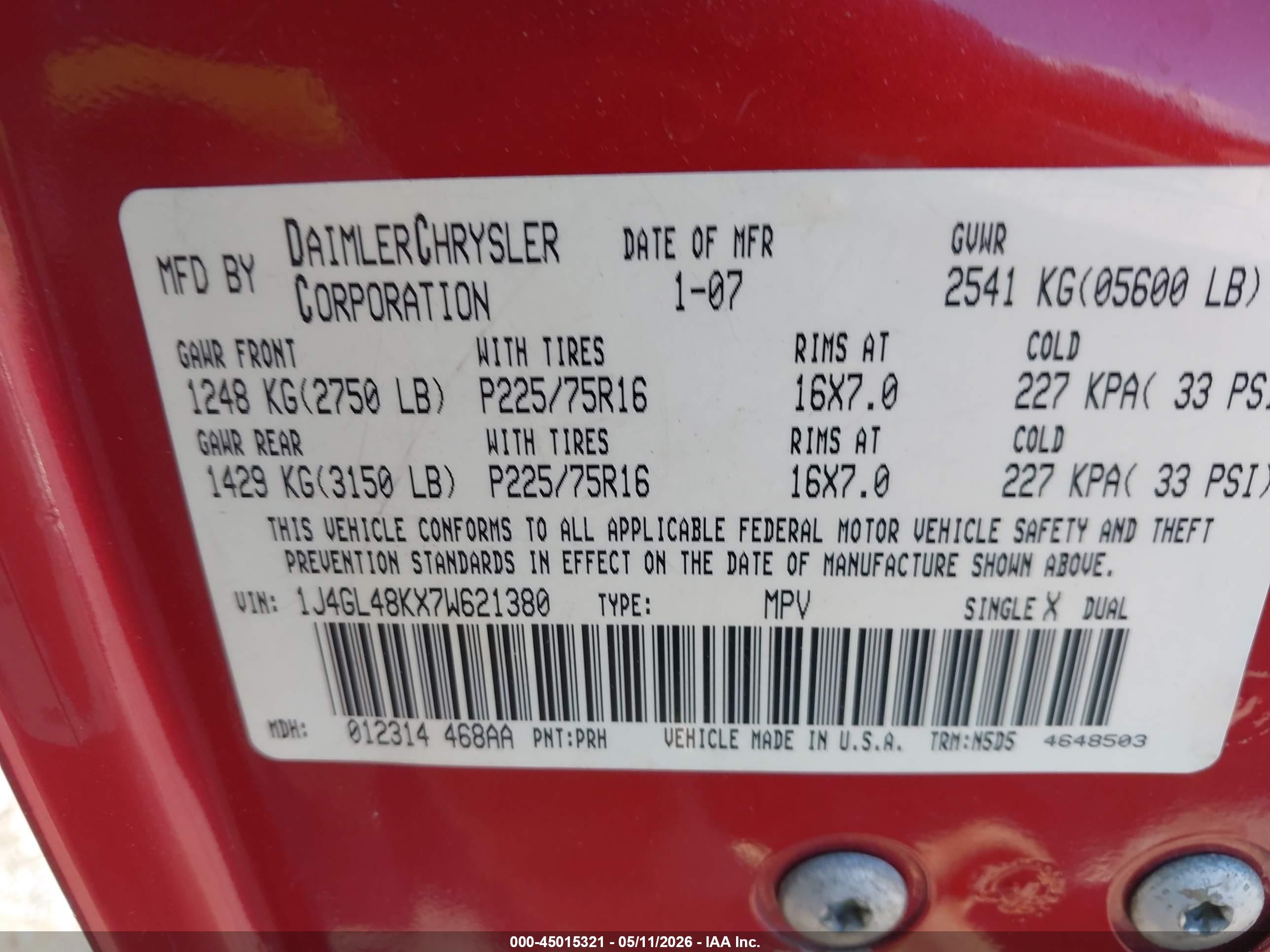 2007 Jeep Liberty Sport Red vin: 1J4GL48KX7W621380