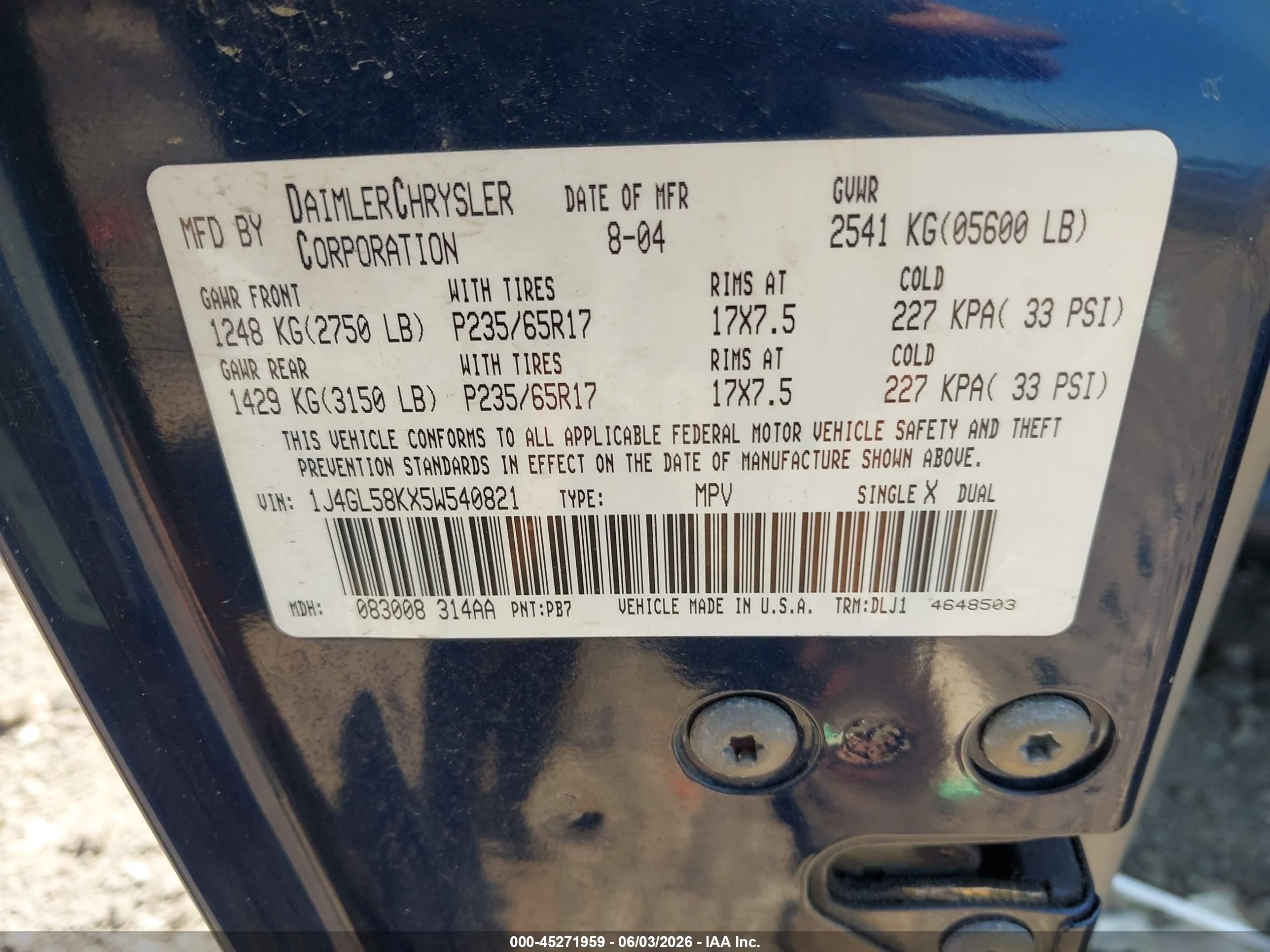 2005 Jeep Liberty Limited Edition Blue vin: 1J4GL58KX5W540821