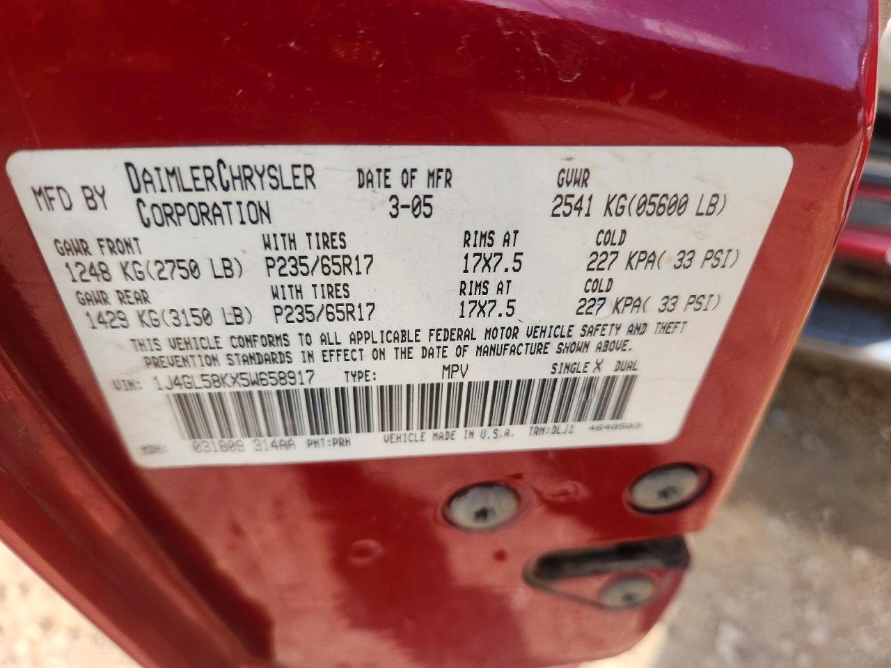 2005 Jeep Liberty Limited Red vin: 1J4GL58KX5W658917