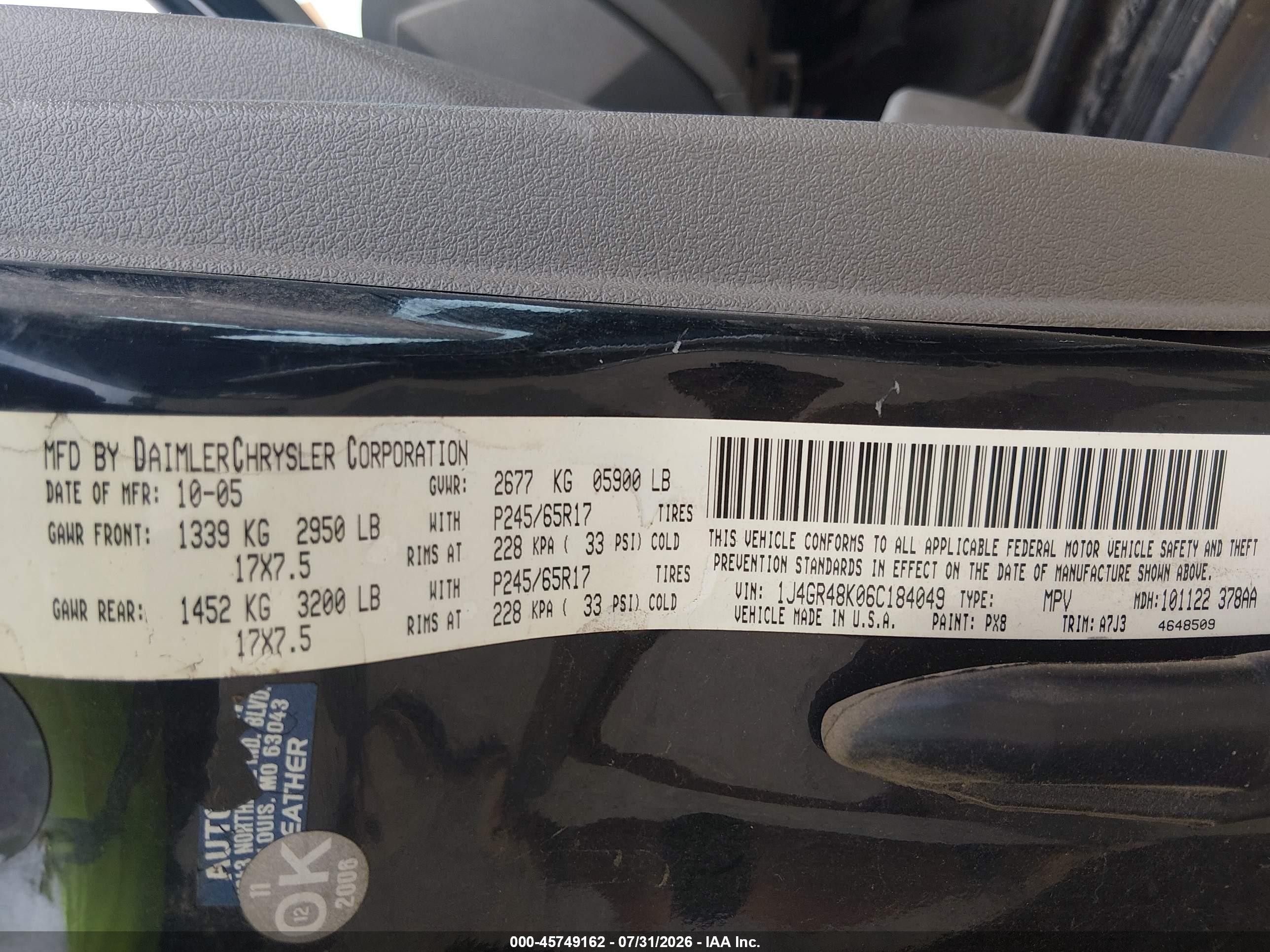 2006 Jeep Grand Cherokee Laredo Black vin: 1J4GR48K06C184049
