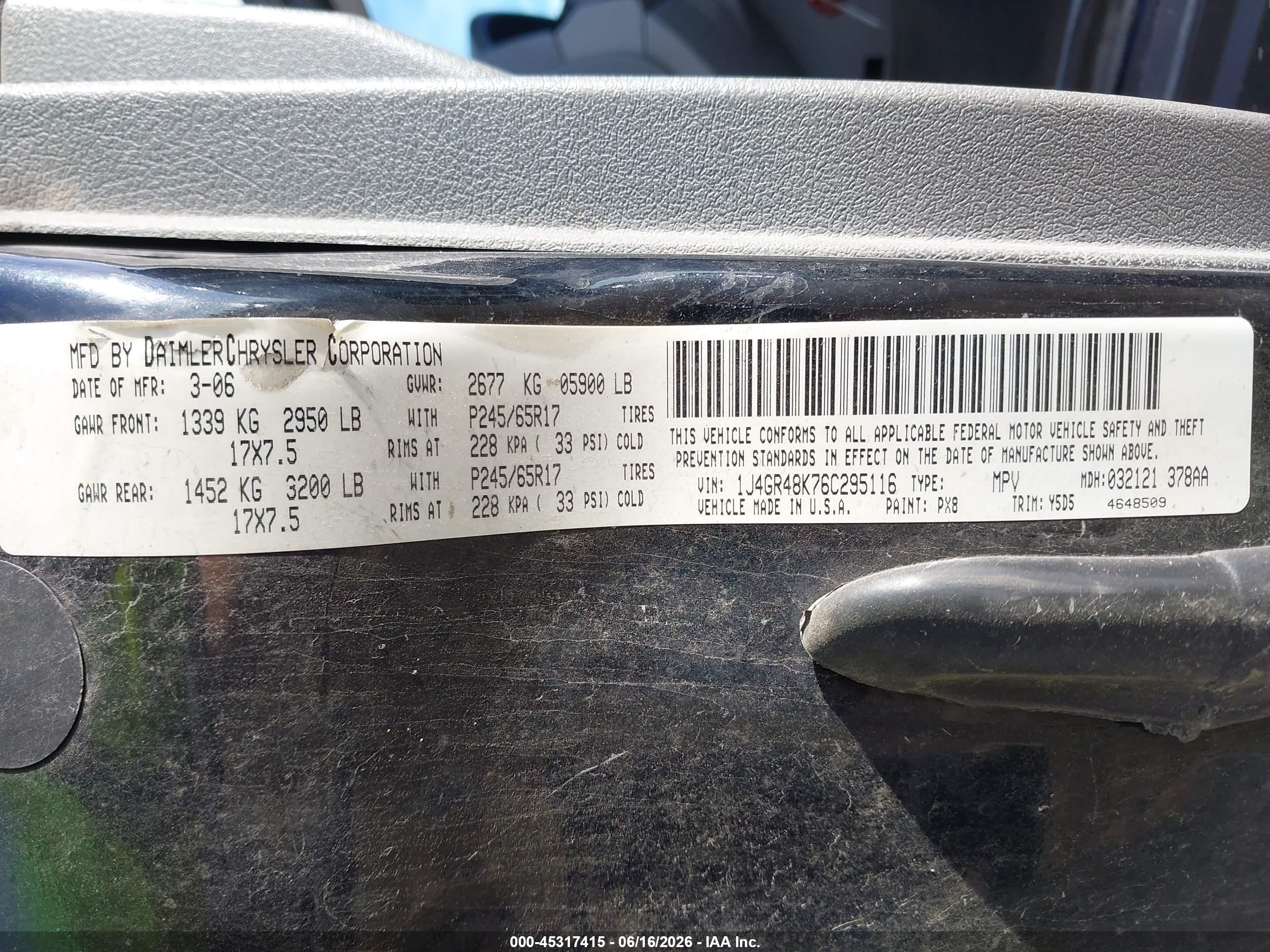 2006 Jeep Grand Cherokee Laredo Black vin: 1J4GR48K76C295116
