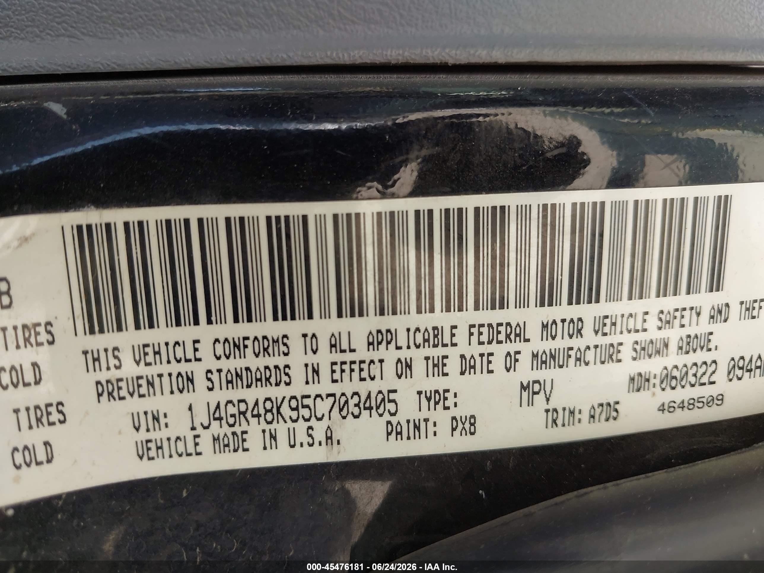 2005 Jeep Grand Cherokee Laredo Black vin: 1J4GR48K95C703405