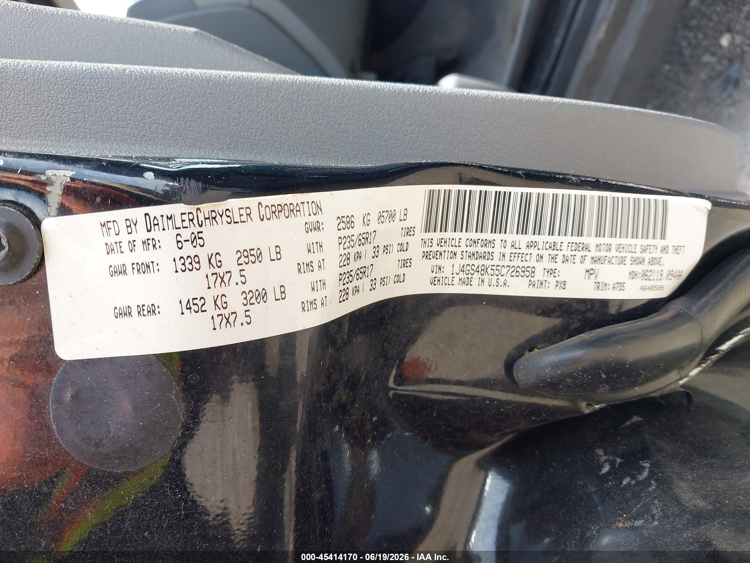 2005 Jeep Grand Cherokee Laredo Black vin: 1J4GS48K55C726958