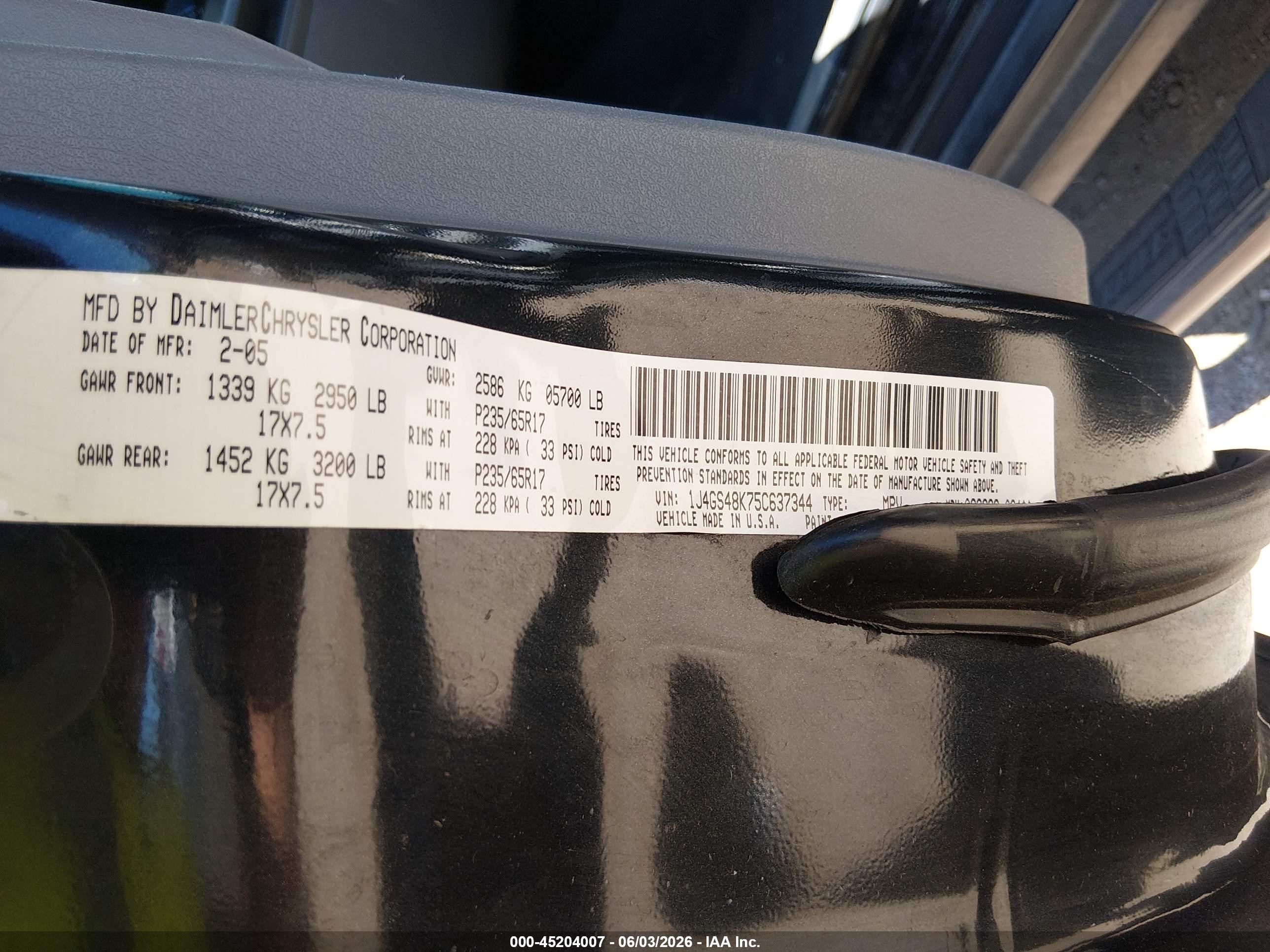 2005 Jeep Grand Cherokee Laredo Black vin: 1J4GS48K75C637344