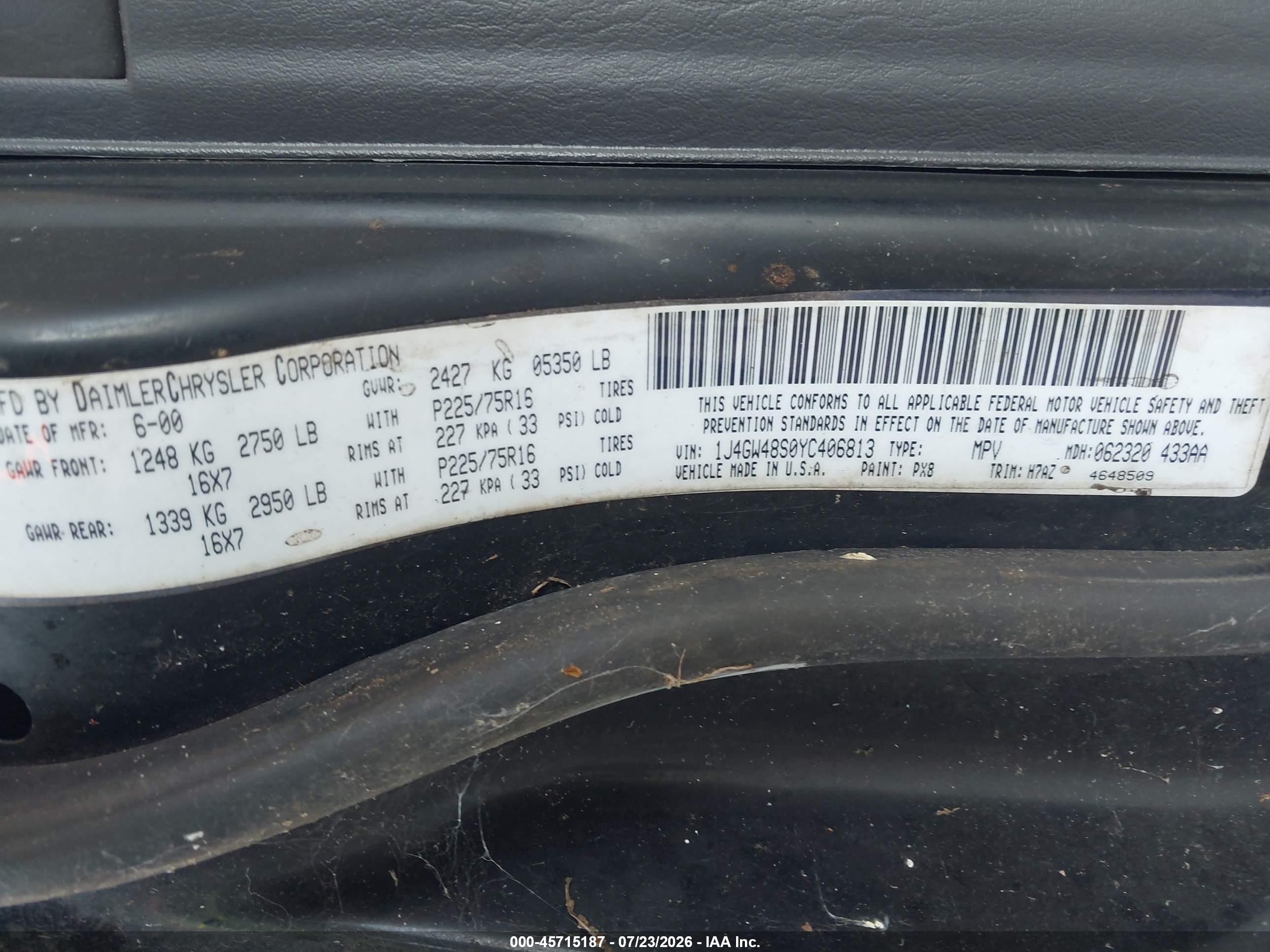 2000 Jeep Grand Cherokee Laredo Black vin: 1J4GW48S0YC406813