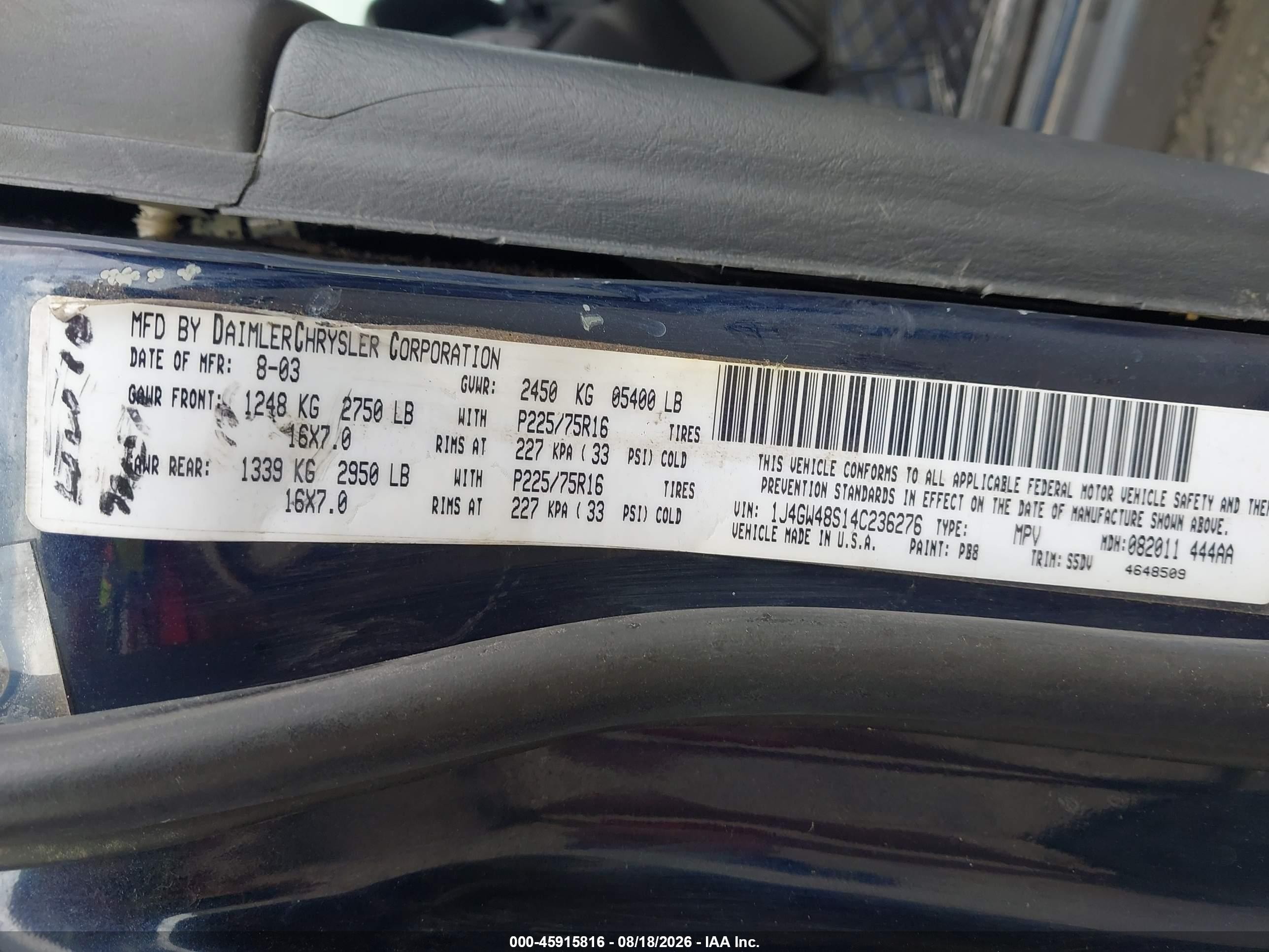 2004 Jeep Grand Cherokee Laredo Blue vin: 1J4GW48S14C236276