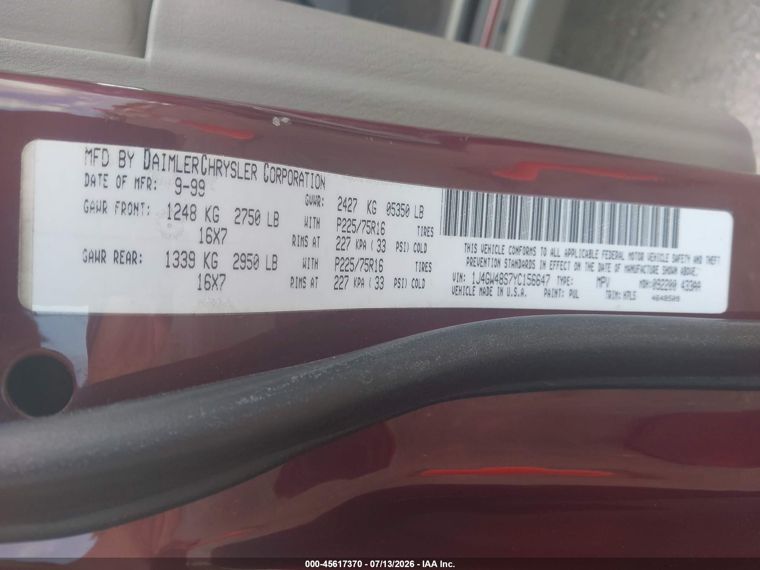 2000 Jeep Grand Cherokee Laredo Red vin: 1J4GW48S7YC156647