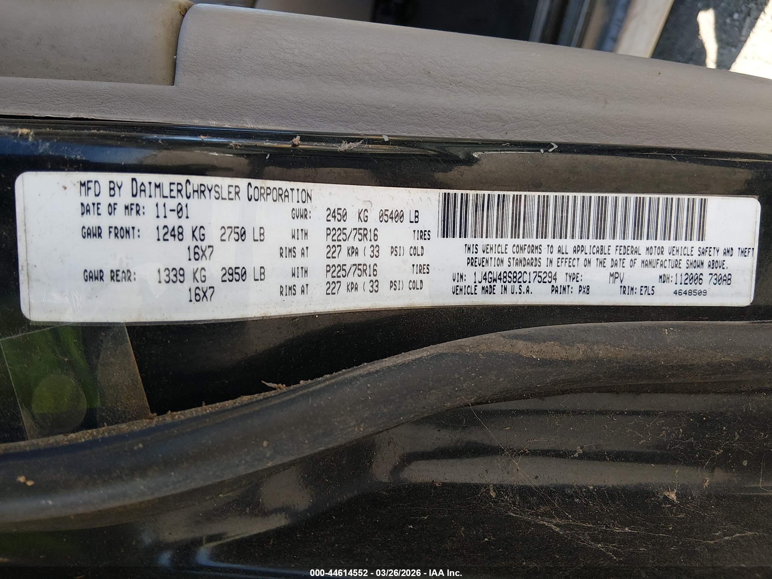 2002 Jeep Grand Cherokee Laredo Black vin: 1J4GW48S82C175294