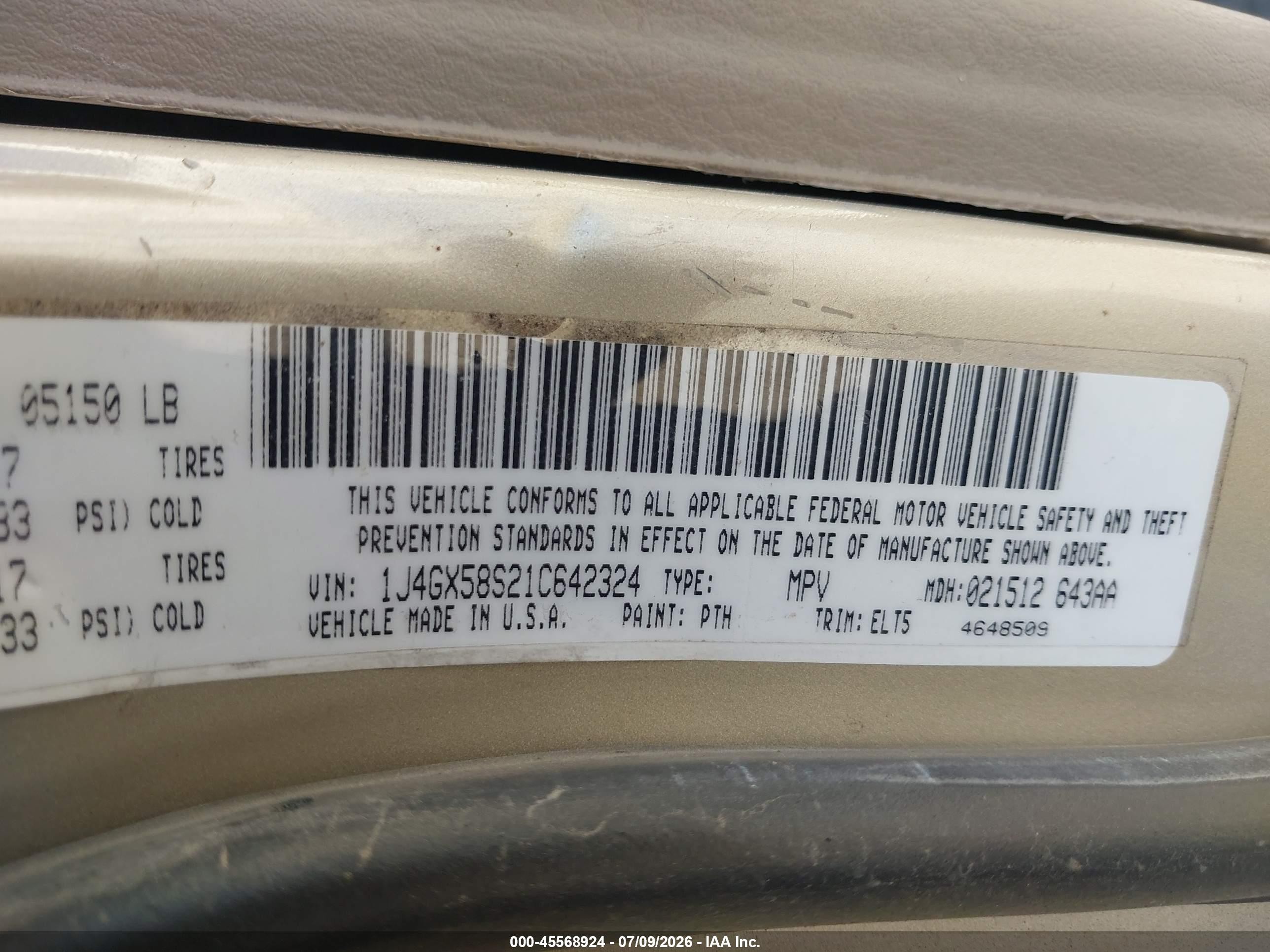 2001 Jeep Grand Cherokee Limited Gold vin: 1J4GX58S21C642324