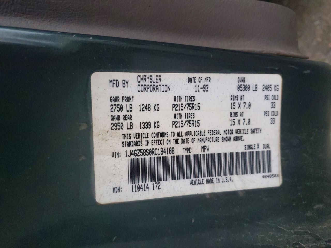 1994 Jeep Grand Cherokee Laredo Green vin: 1J4GZ58S0RC184188
