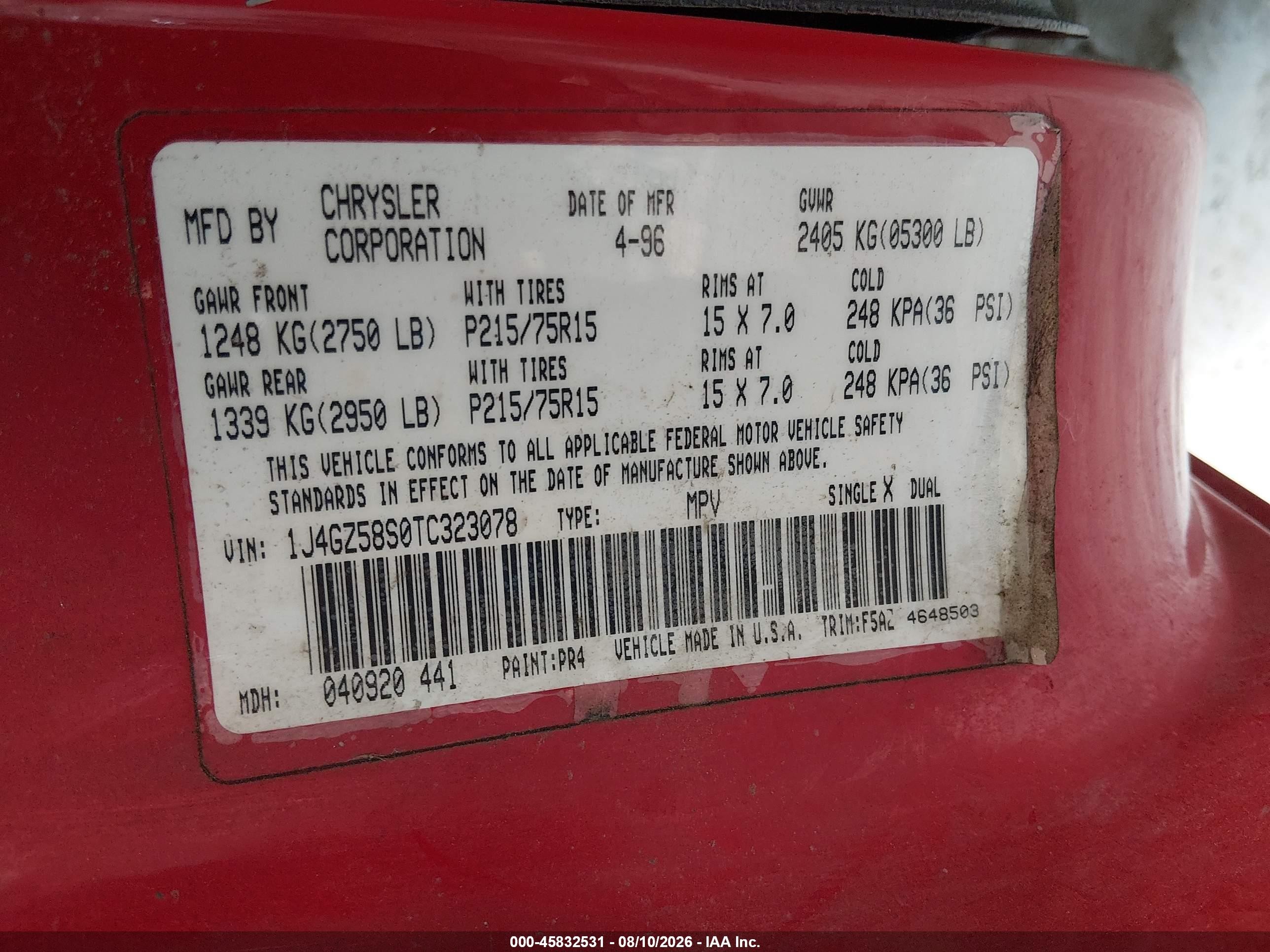 1996 Jeep Grand Cherokee Laredo Red vin: 1J4GZ58S0TC323078
