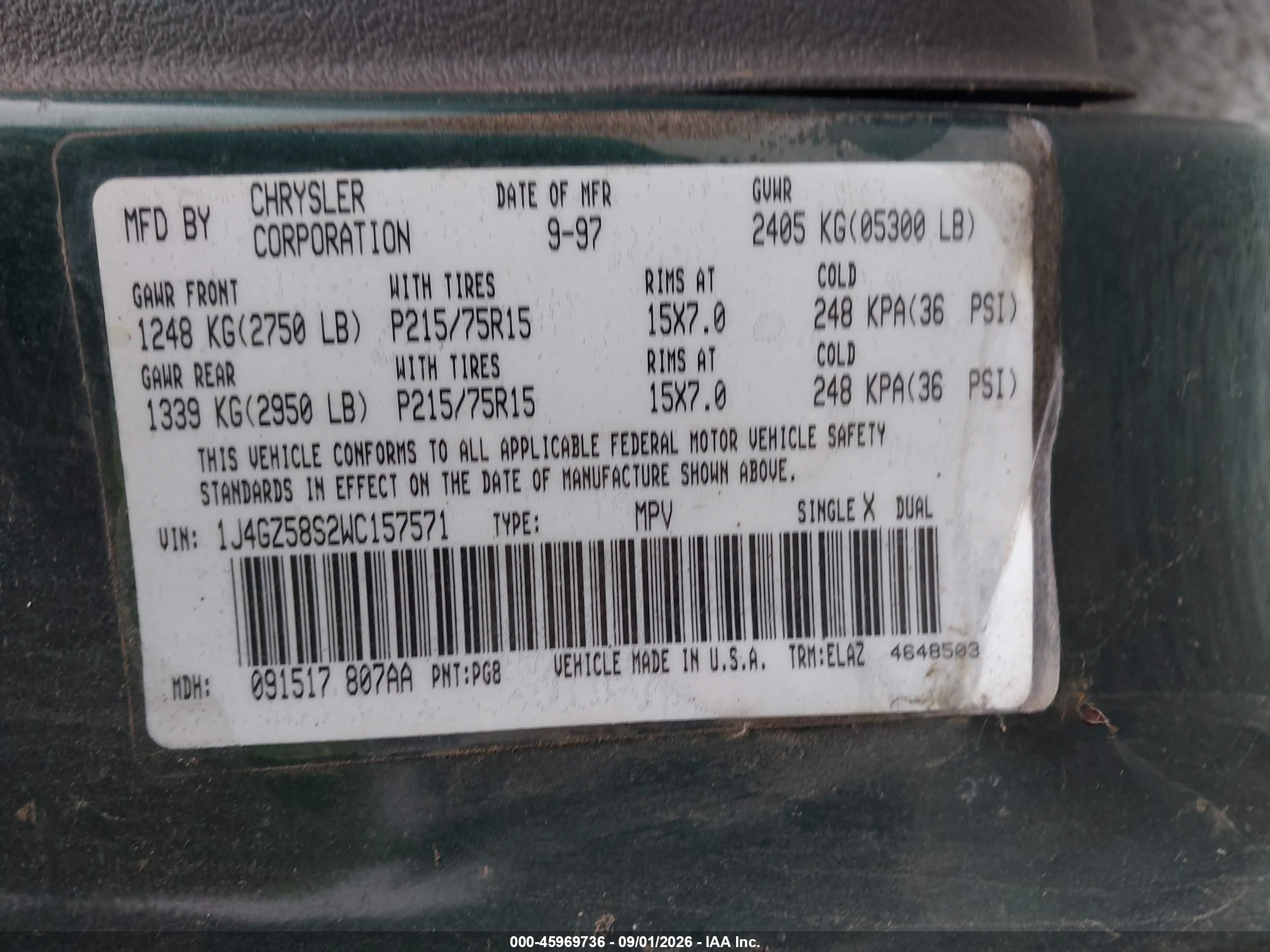 1998 Jeep Grand Cherokee Laredo Green vin: 1J4GZ58S2WC157571