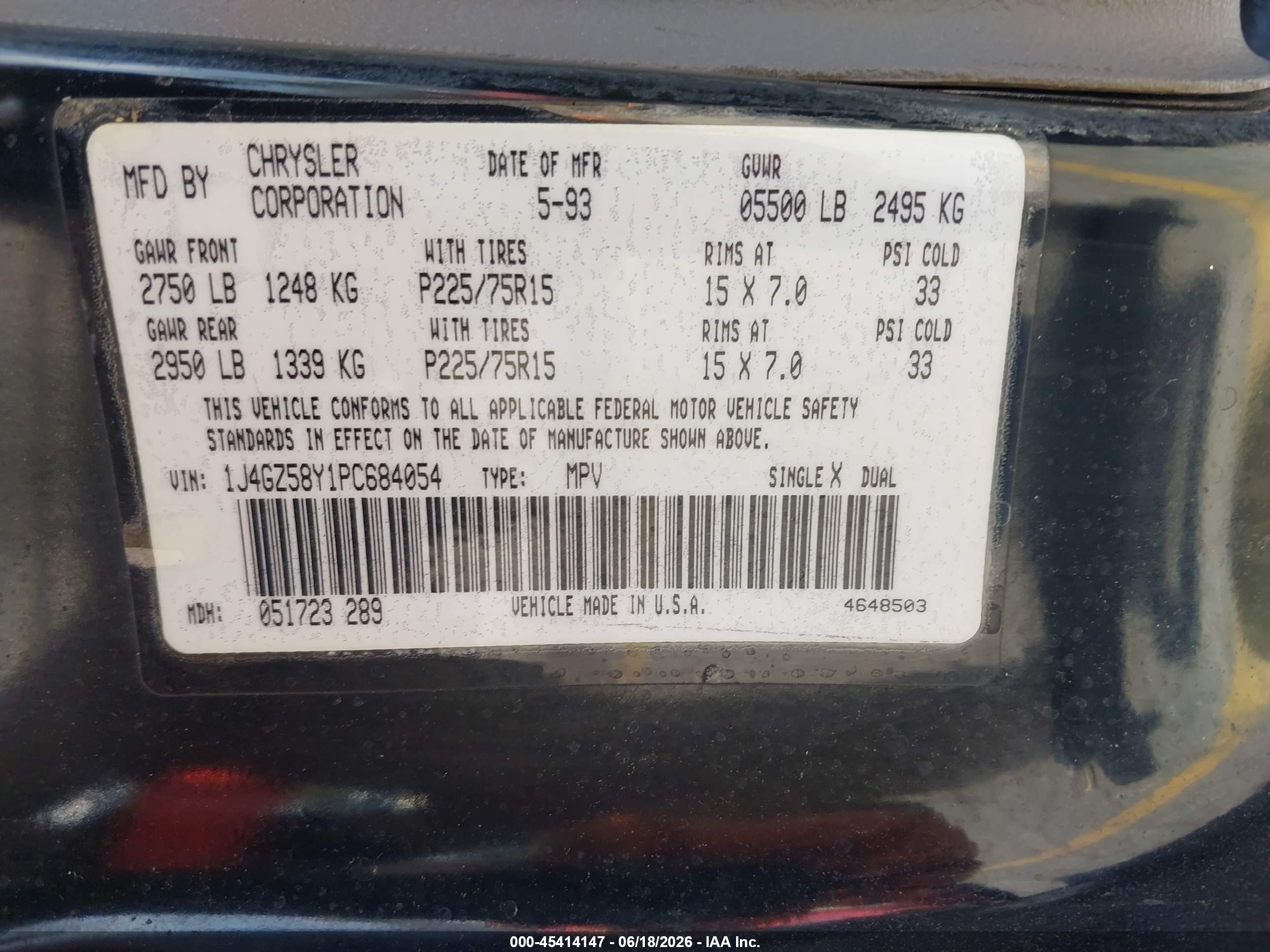 1993 Jeep Grand Cherokee Laredo Black vin: 1J4GZ58Y1PC684054