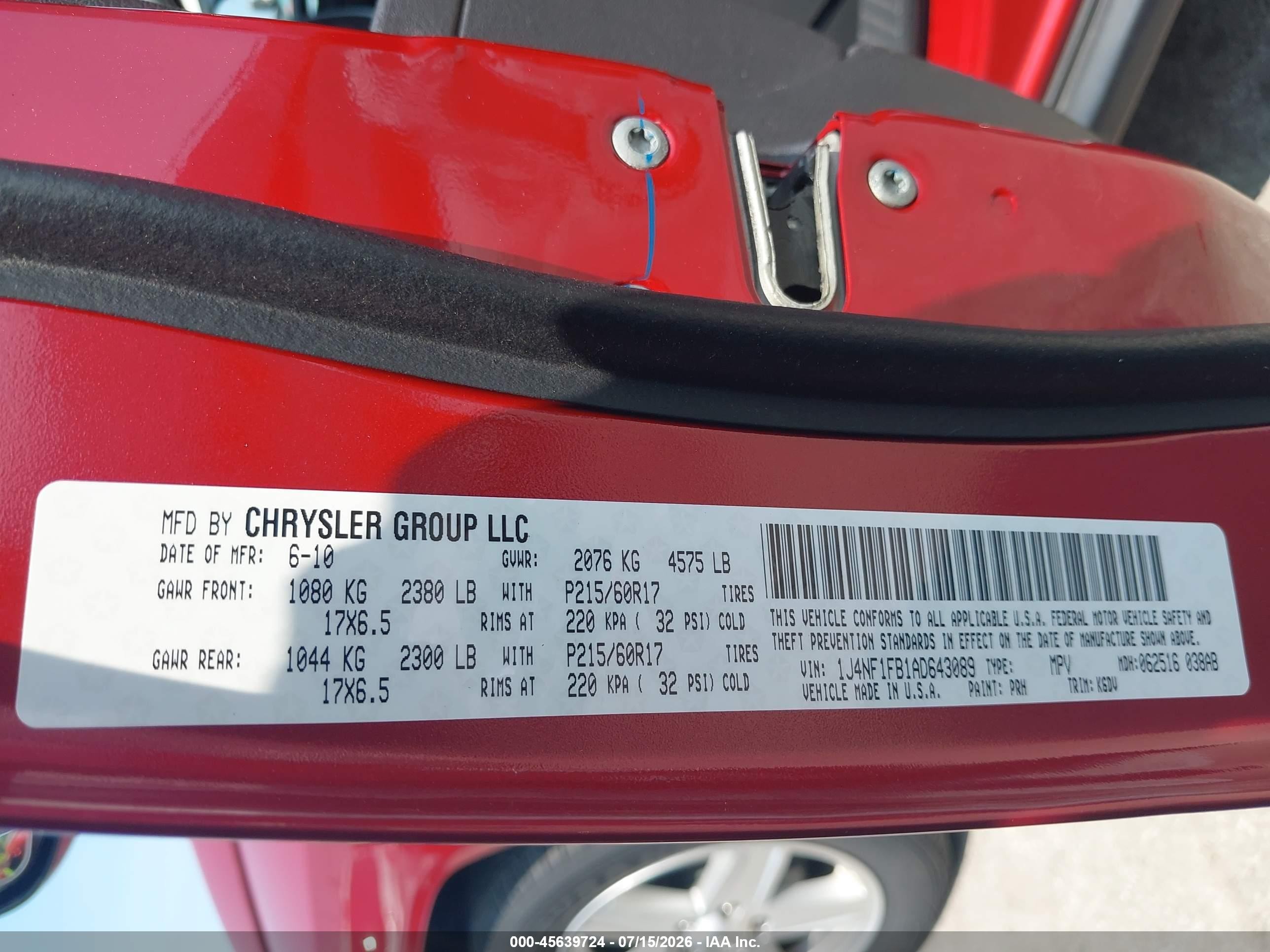 2010 Jeep Compass Sport Red vin: 1J4NF1FB1AD643089