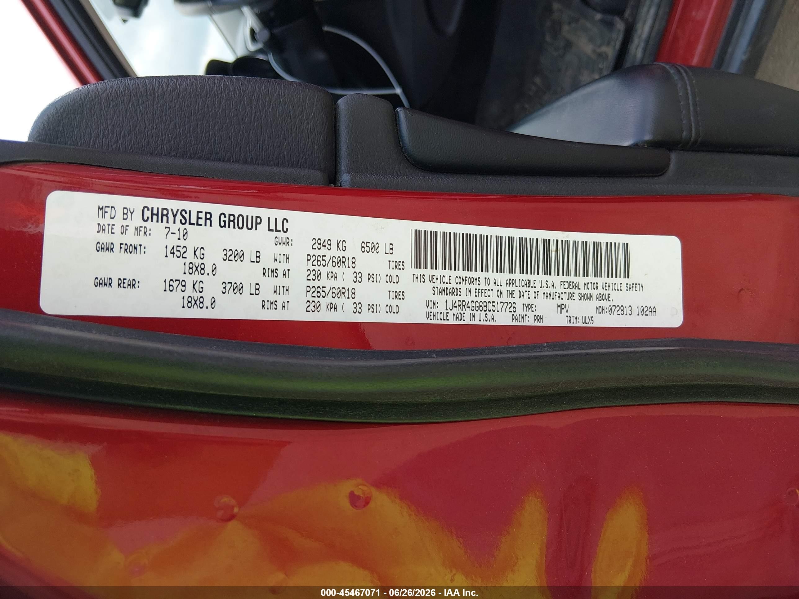 2011 Jeep Grand Cherokee Laredo Red vin: 1J4RR4GG6BC517726