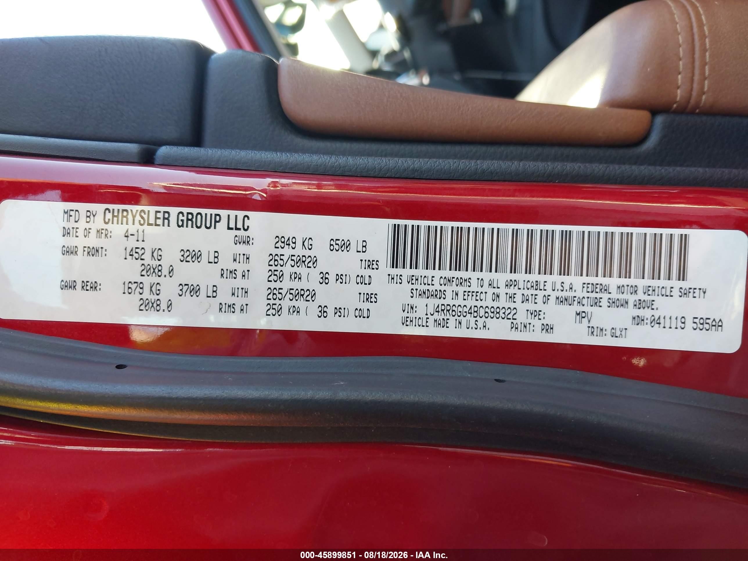 2011 Jeep Grand Cherokee Overland Red vin: 1J4RR6GG4BC698322