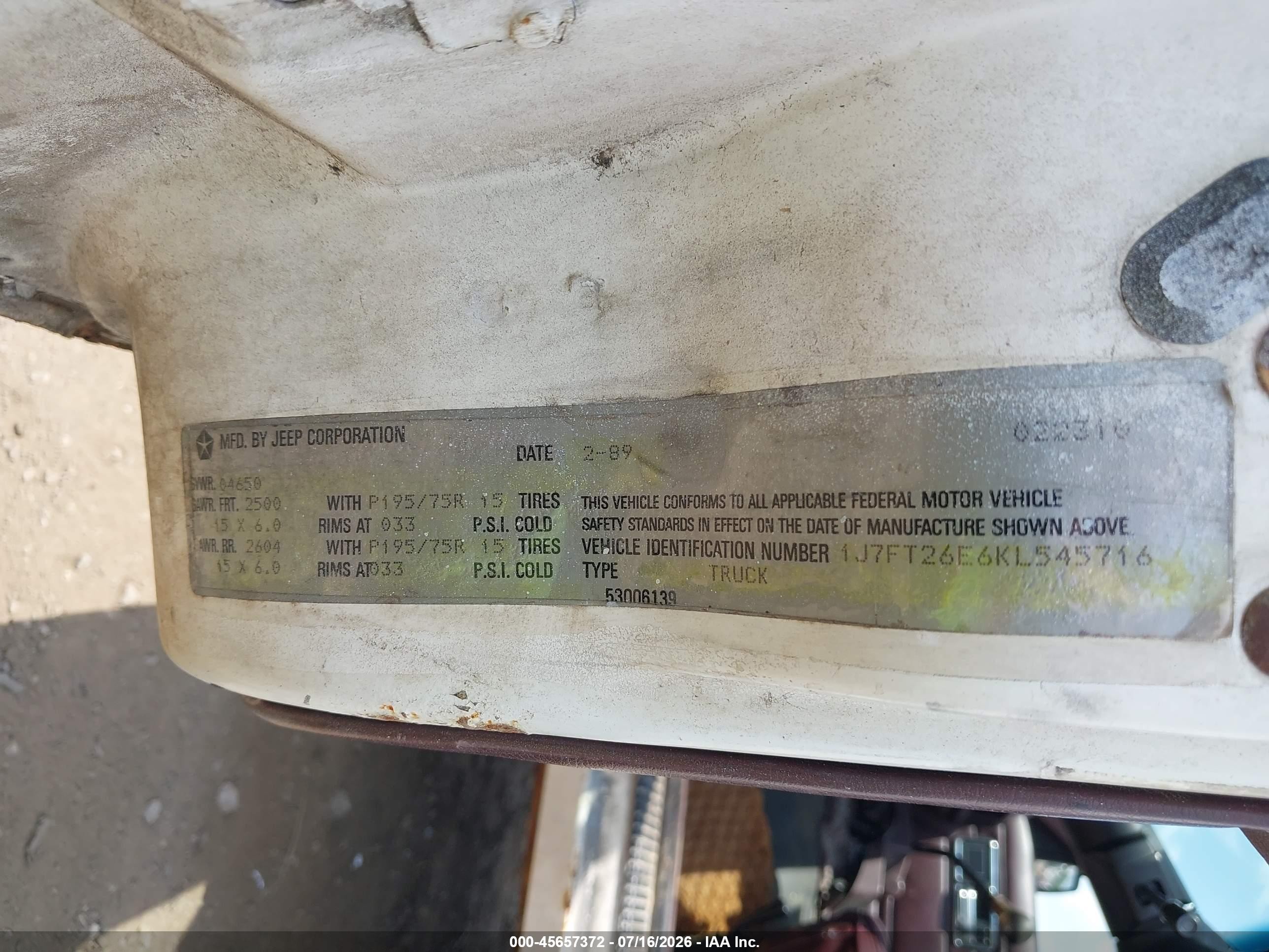 1989 Jeep Comanche   Белый vin: 1J7FT26E6KL545716