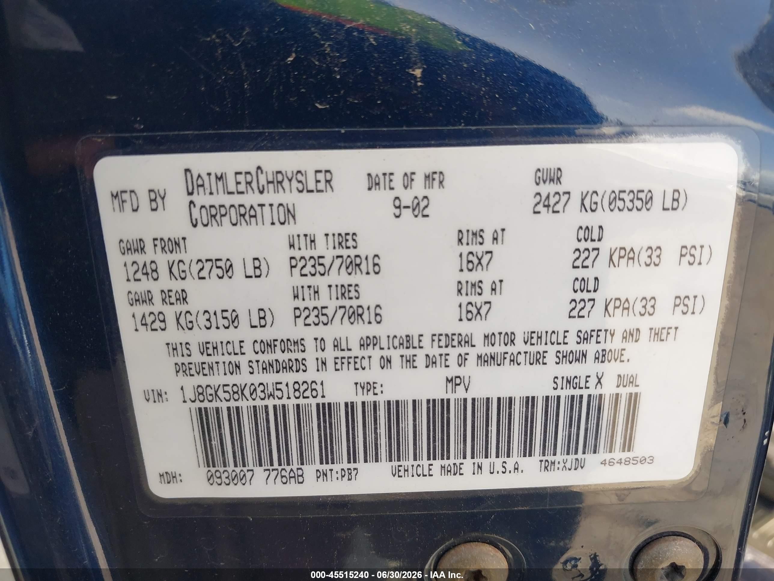 2003 Jeep Liberty Limited Edition Blue vin: 1J8GK58K03W518261