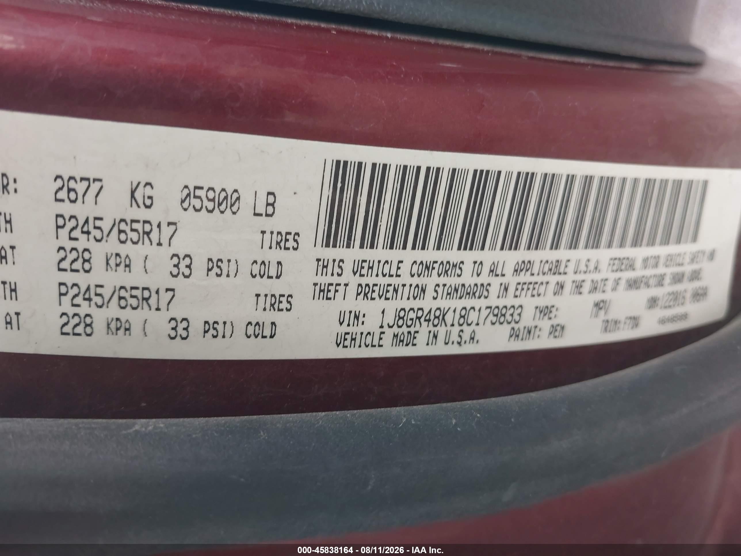 2008 Jeep Grand Cherokee Laredo Бордовый vin: 1J8GR48K18C179833