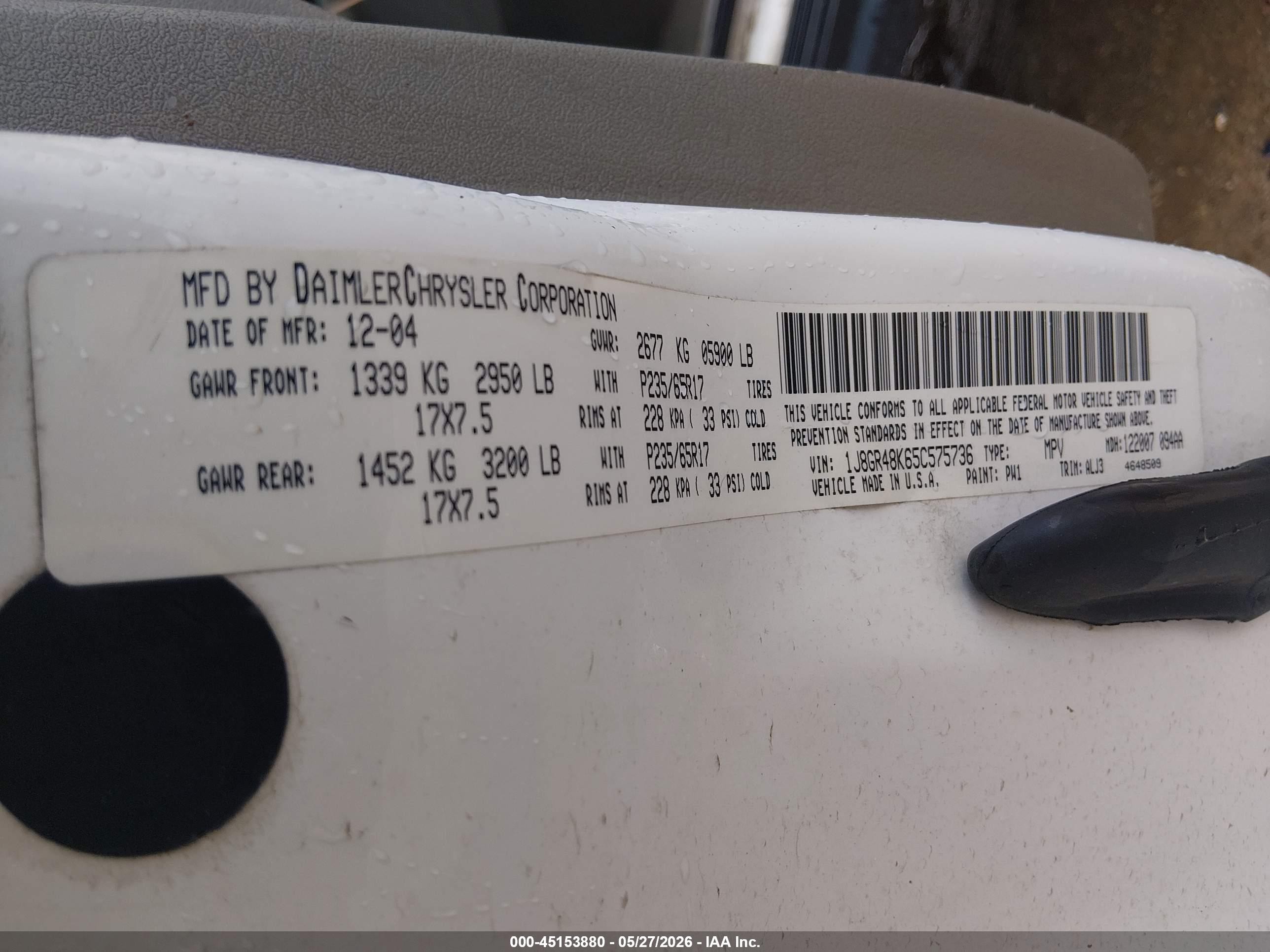 2005 Jeep Grand Cherokee Laredo White vin: 1J8GR48K65C575736