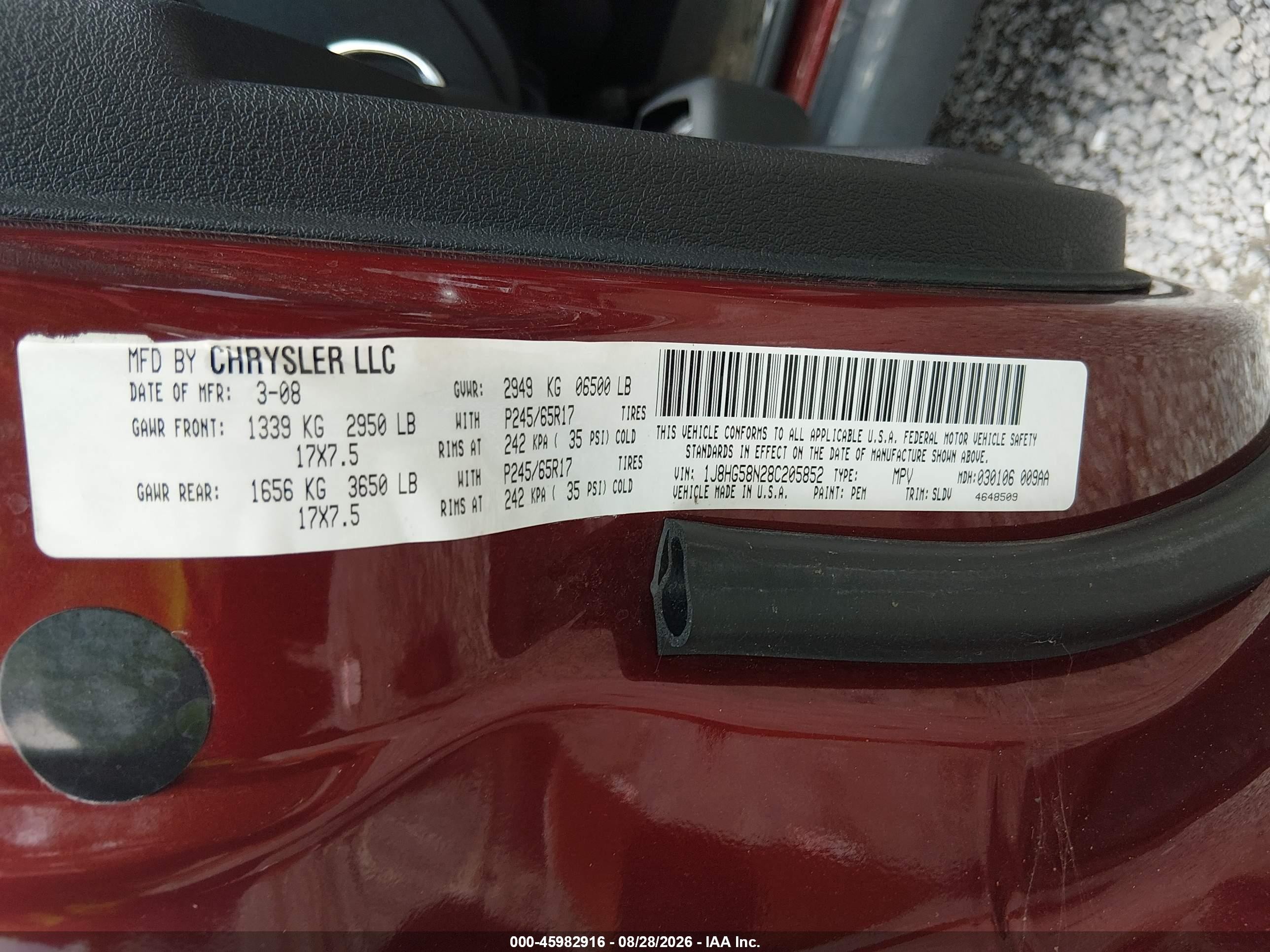 2008 Jeep Commander Limited Red vin: 1J8HG58N28C205852