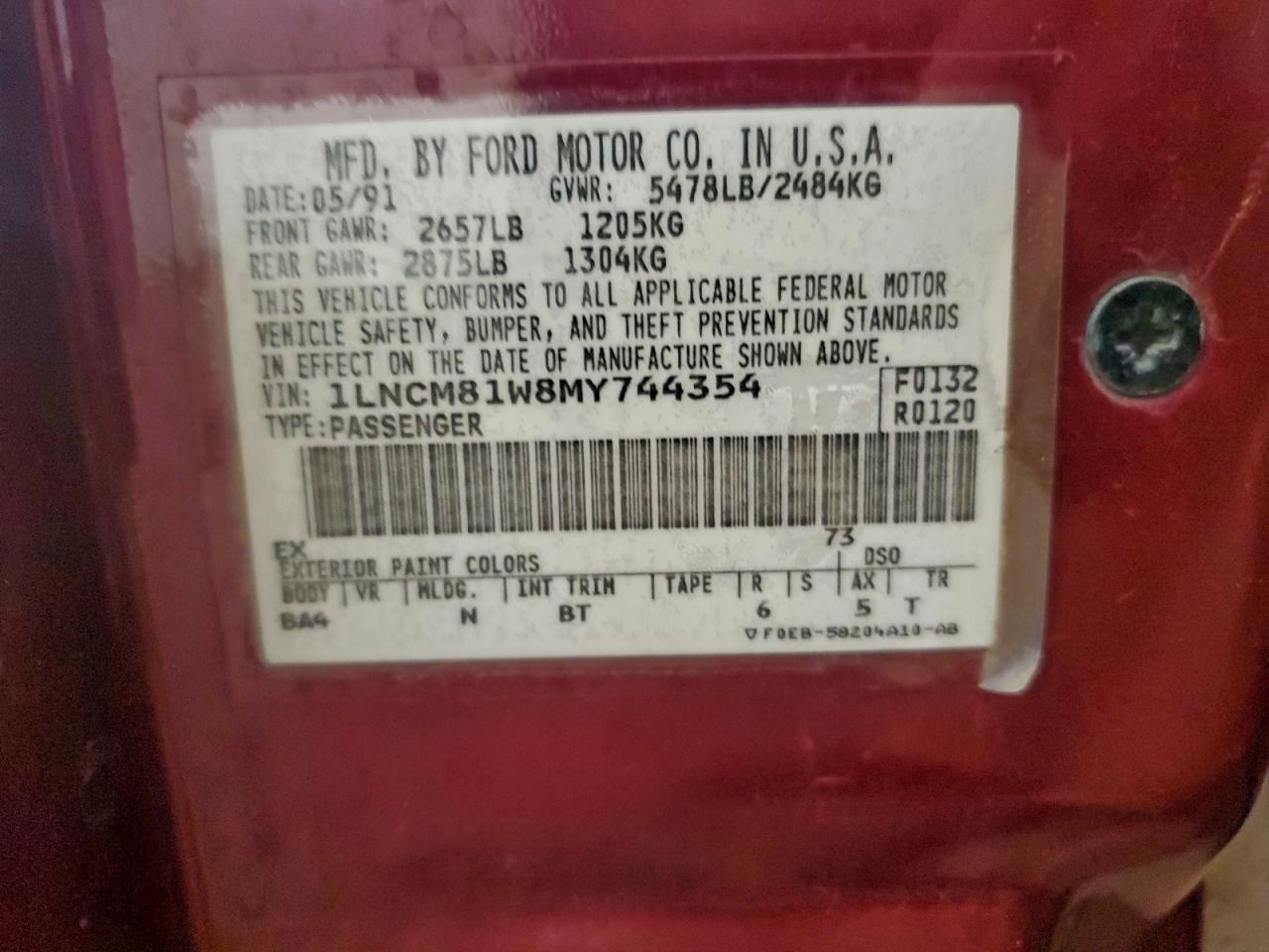 1991 Lincoln Town Car Executive Red vin: 1LNCM81W8MY744354