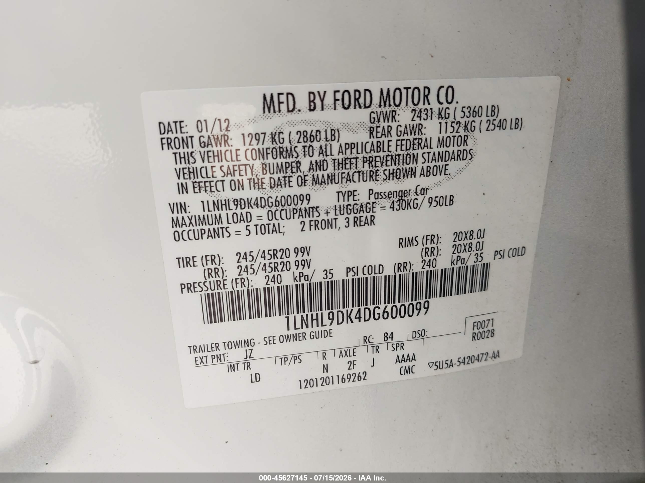 2013 Lincoln Mks   White vin: 1LNHL9DK4DG600099