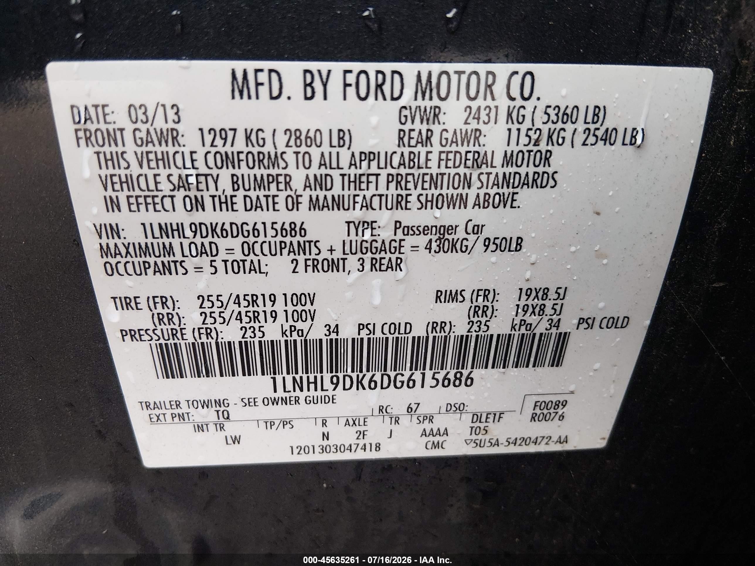 2013 Lincoln Mks   Dark Blue vin: 1LNHL9DK6DG615686