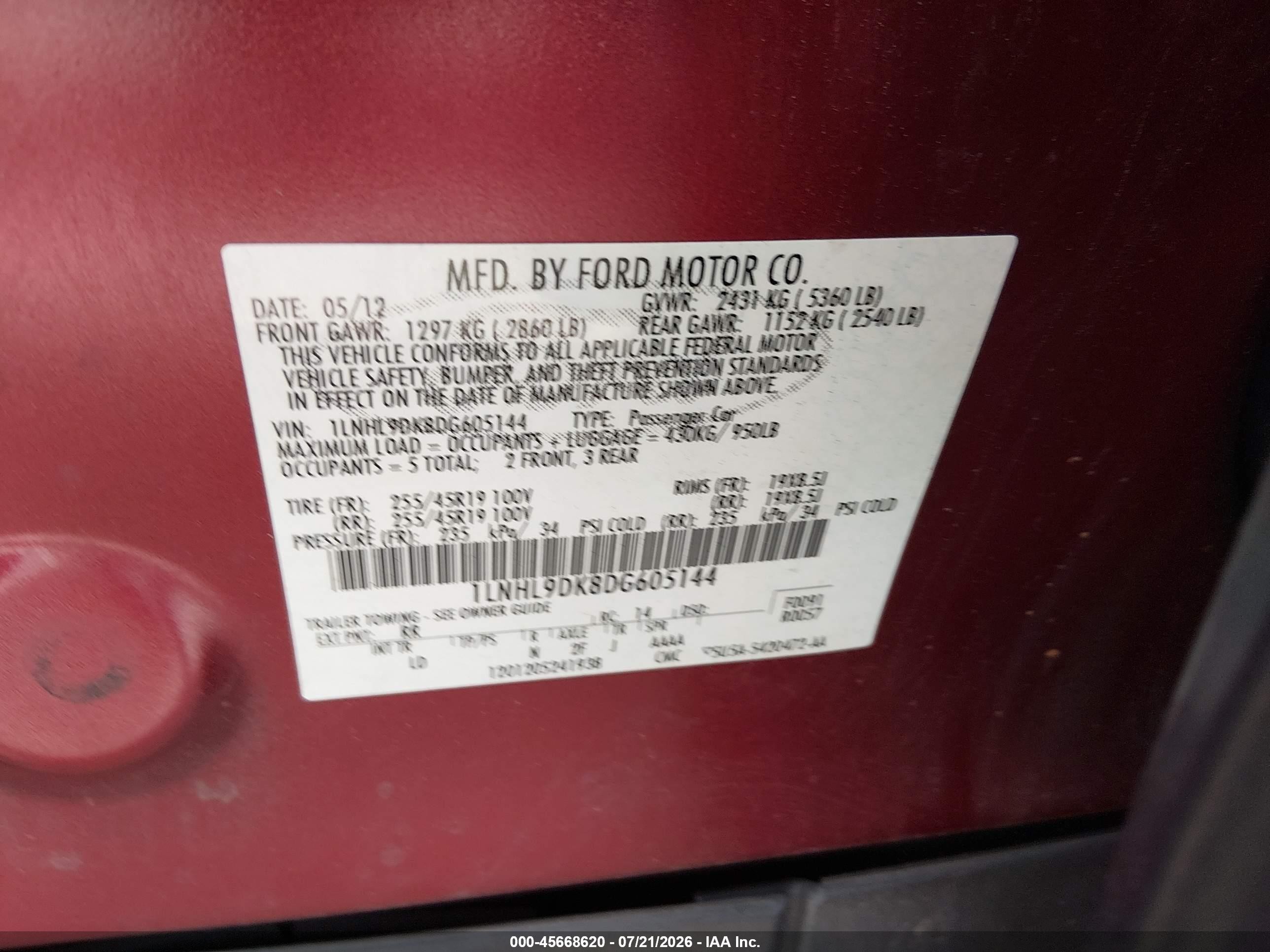 2013 Lincoln Mks   Red vin: 1LNHL9DK8DG605144