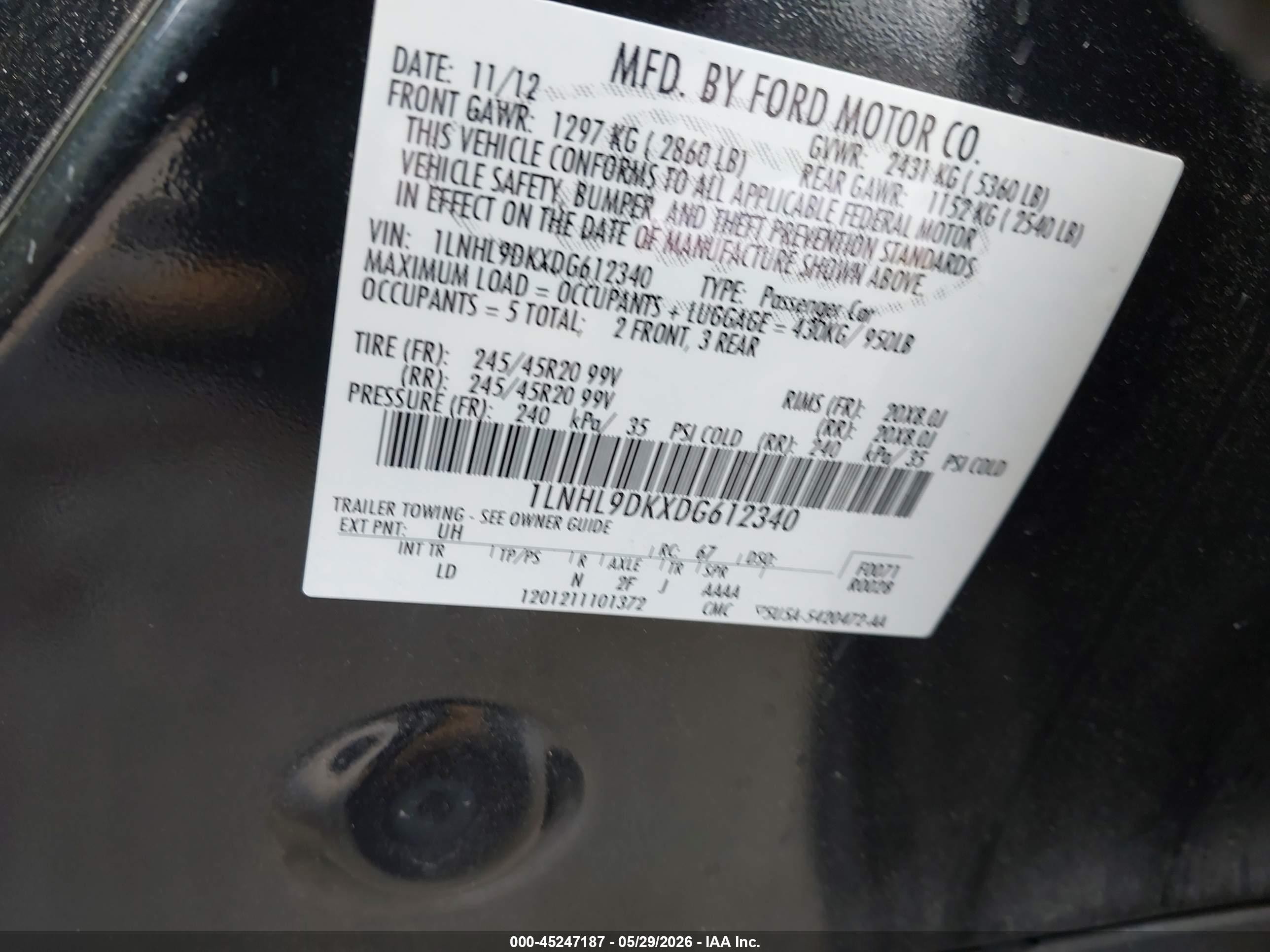 2013 Lincoln Mks   Black vin: 1LNHL9DKXDG612340