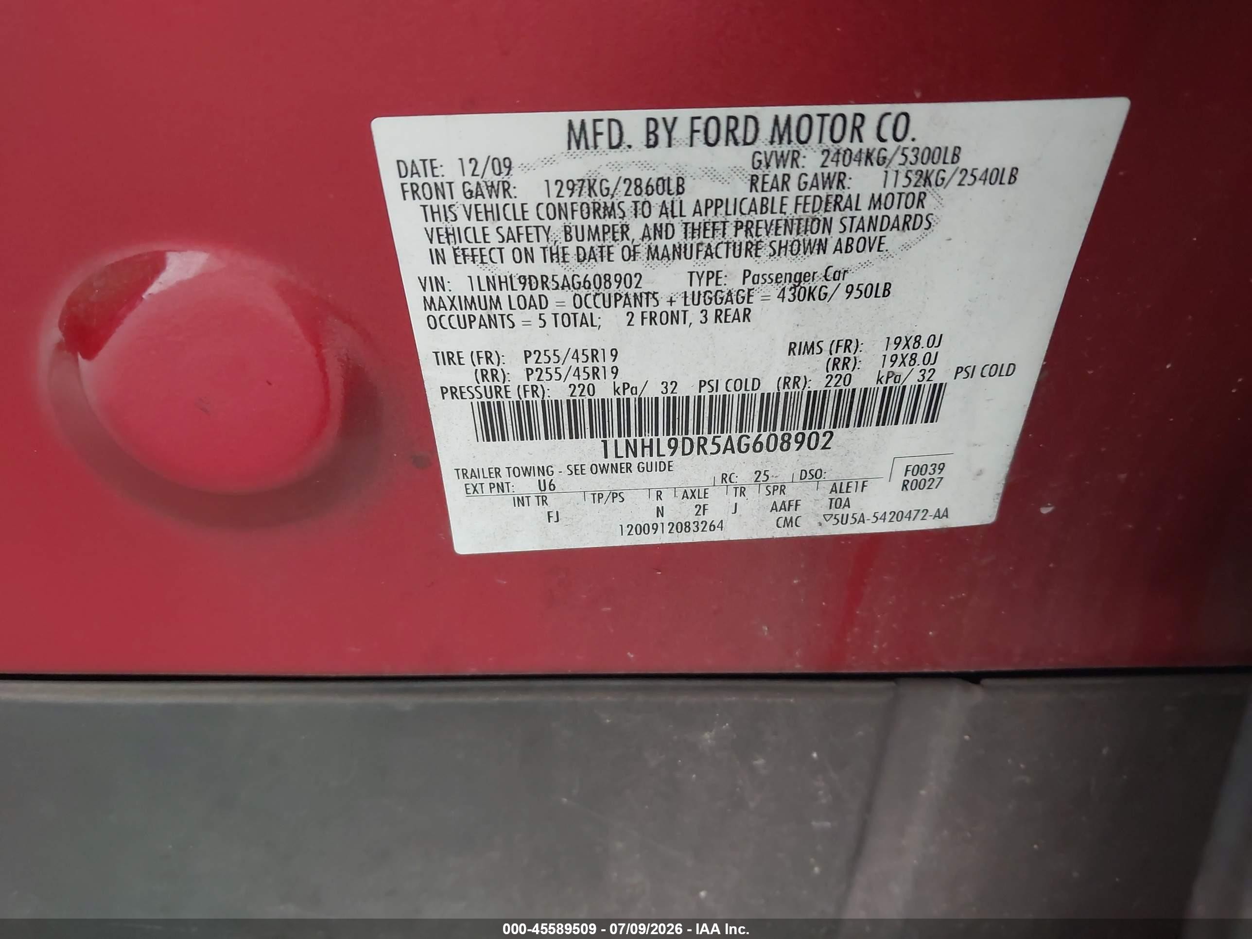2010 Lincoln Mks   Красный vin: 1LNHL9DR5AG608902