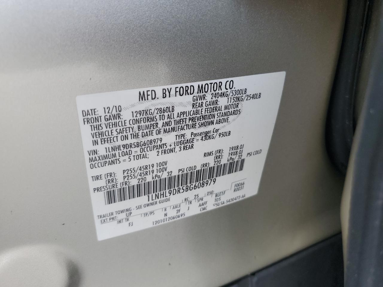 2011 Lincoln Mks Beige vin: 1LNHL9DR5BG608979