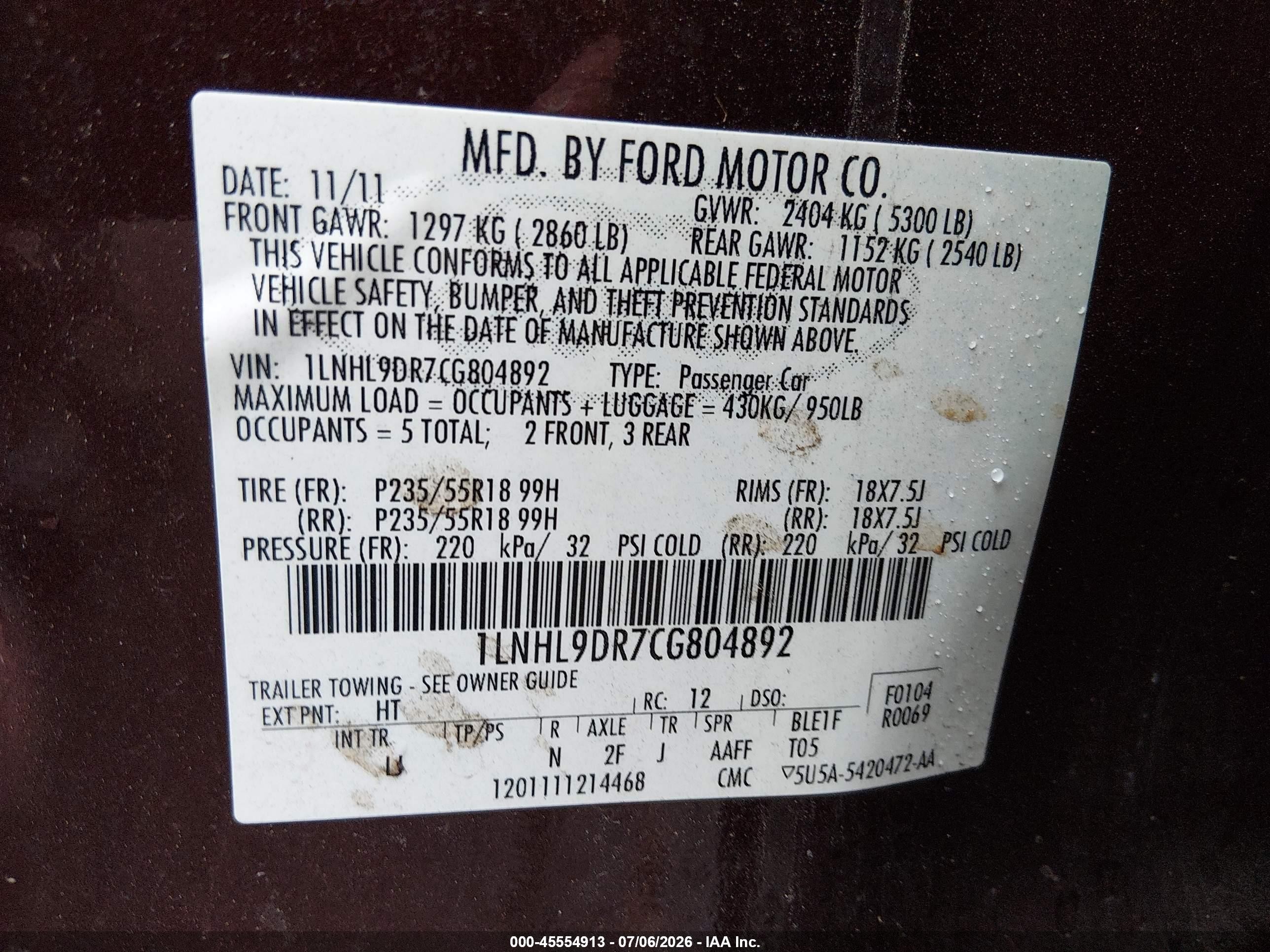 2012 Lincoln Mks   Burgundy vin: 1LNHL9DR7CG804892