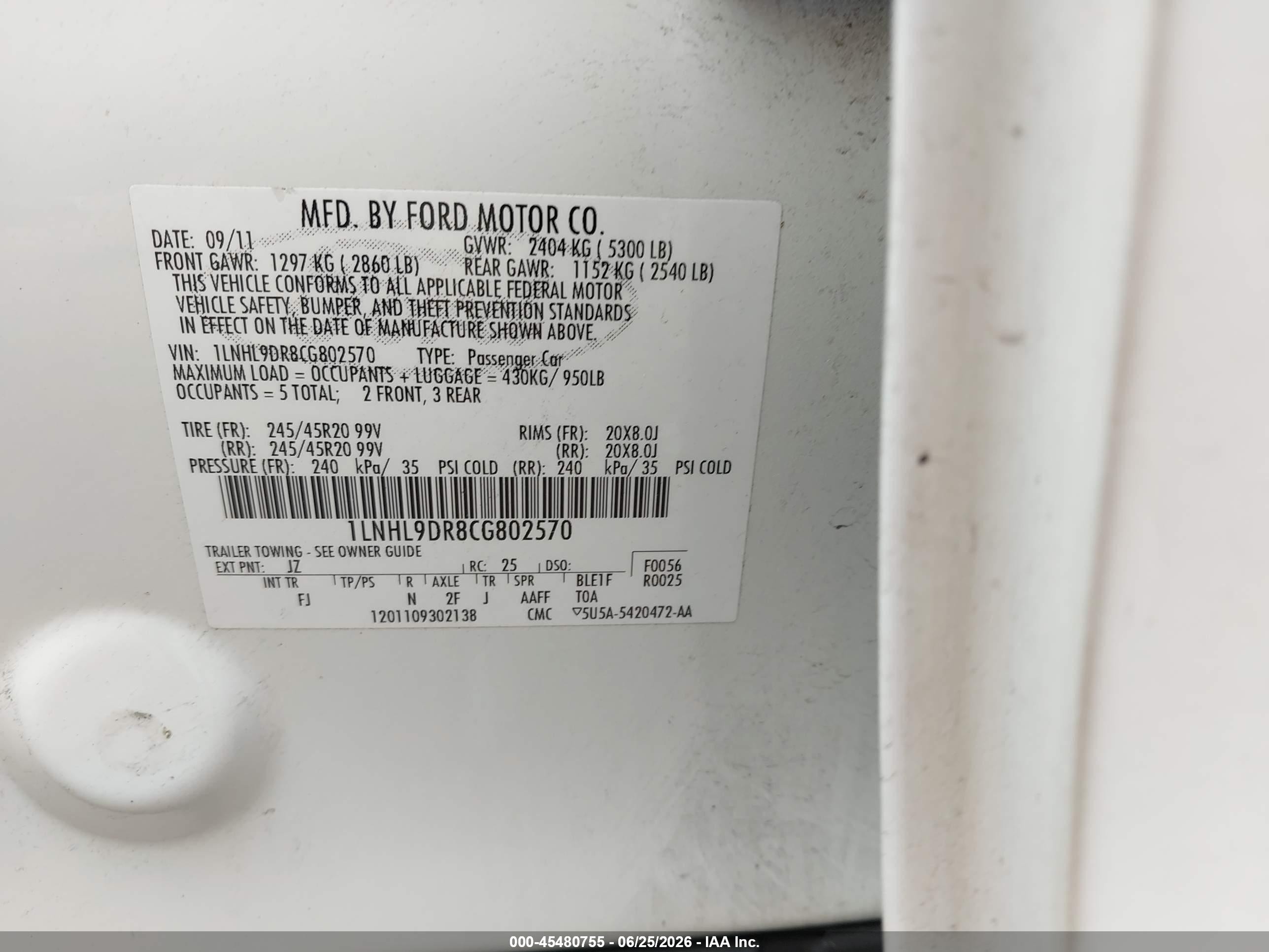 2012 Lincoln Mks White vin: 1LNHL9DR8CG802570