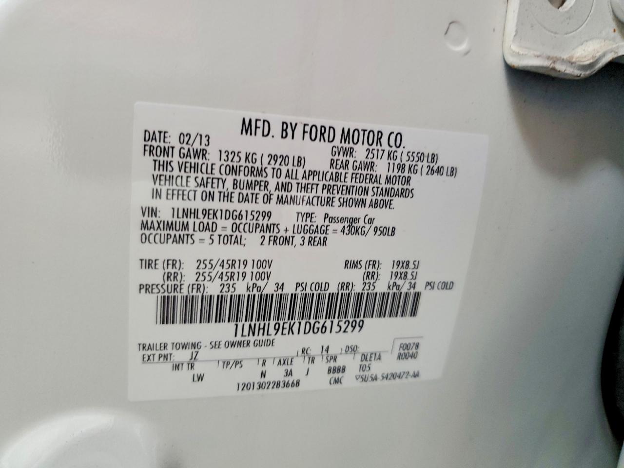 2013 Lincoln Mks White vin: 1LNHL9EK1DG615299