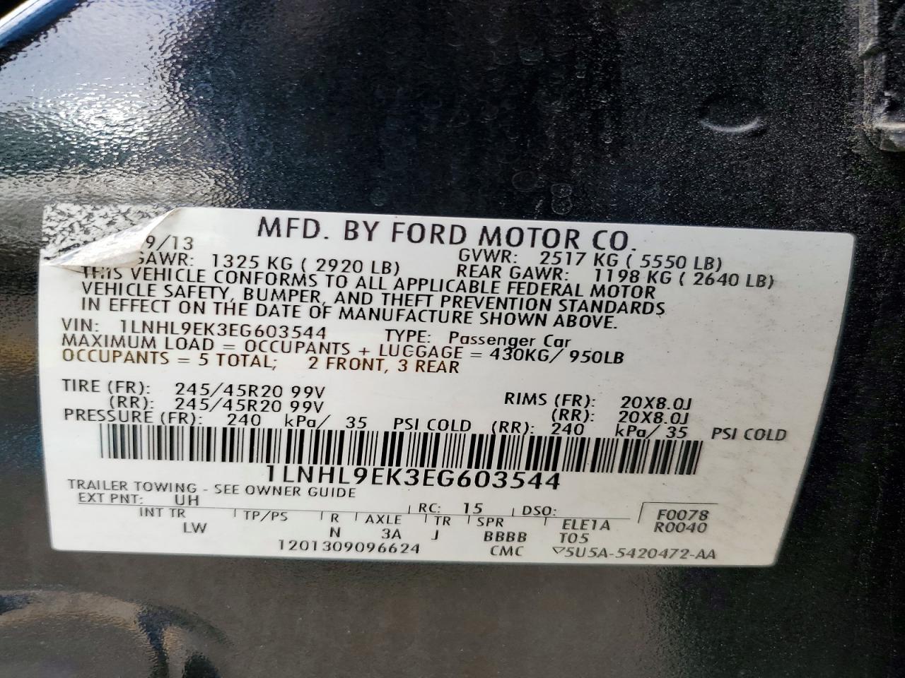 2014 Lincoln Mks Black vin: 1LNHL9EK3EG603544
