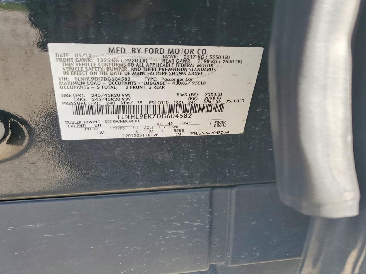 2013 Lincoln Mks Black vin: 1LNHL9EK7DG604582