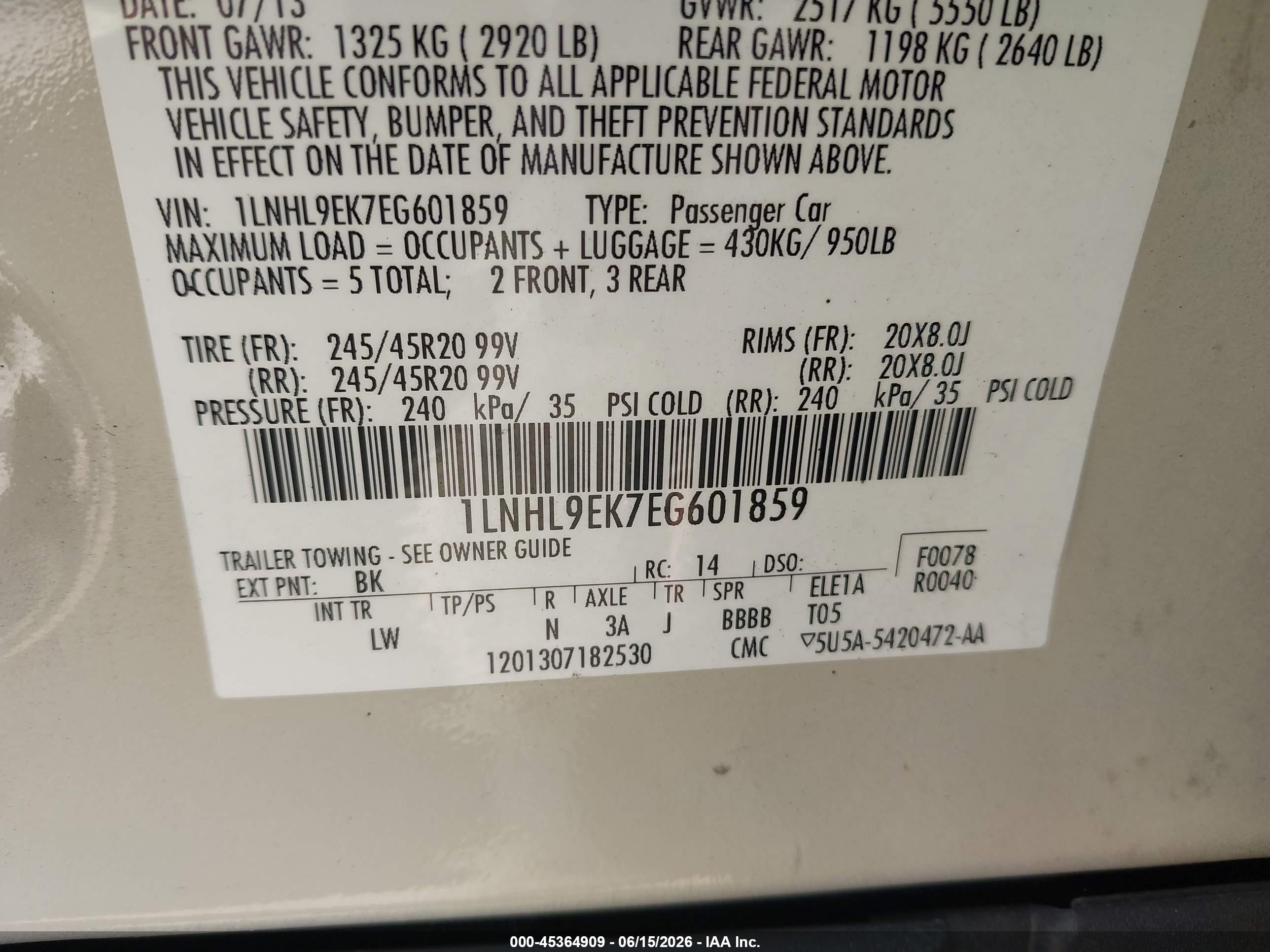 2014 Lincoln Mks   Beige vin: 1LNHL9EK7EG601859